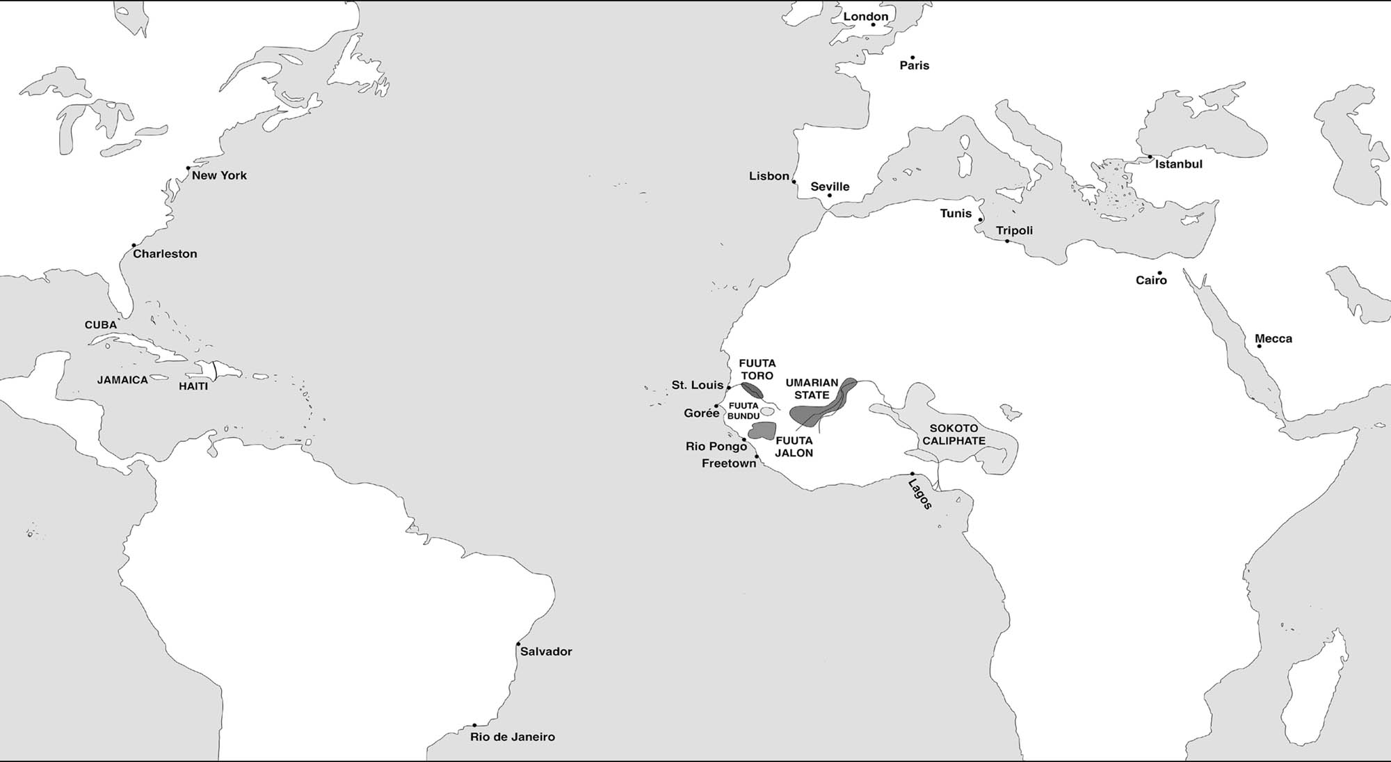A map of the Atlantic world showing some of the important “revolutionary” states of the eighteenth and nineteenth centuries, there are major cities labeled in North America, South America, Europe, and Africa.