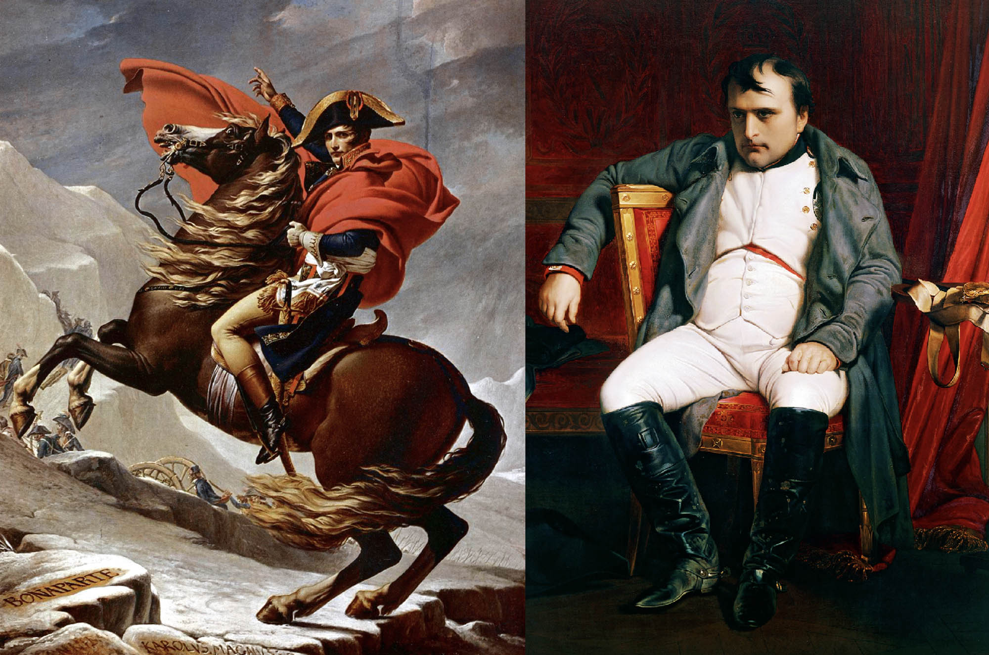 On the left is a painting of Napoleon Bonaparte on a rearing horse in a red cape and bicorne hat, he is pointing forward. On the right is a seated portrait of Napoleon Bonaparte on a red chair wearing a gray coat over a white uniform, with a red curtain visible in the background.