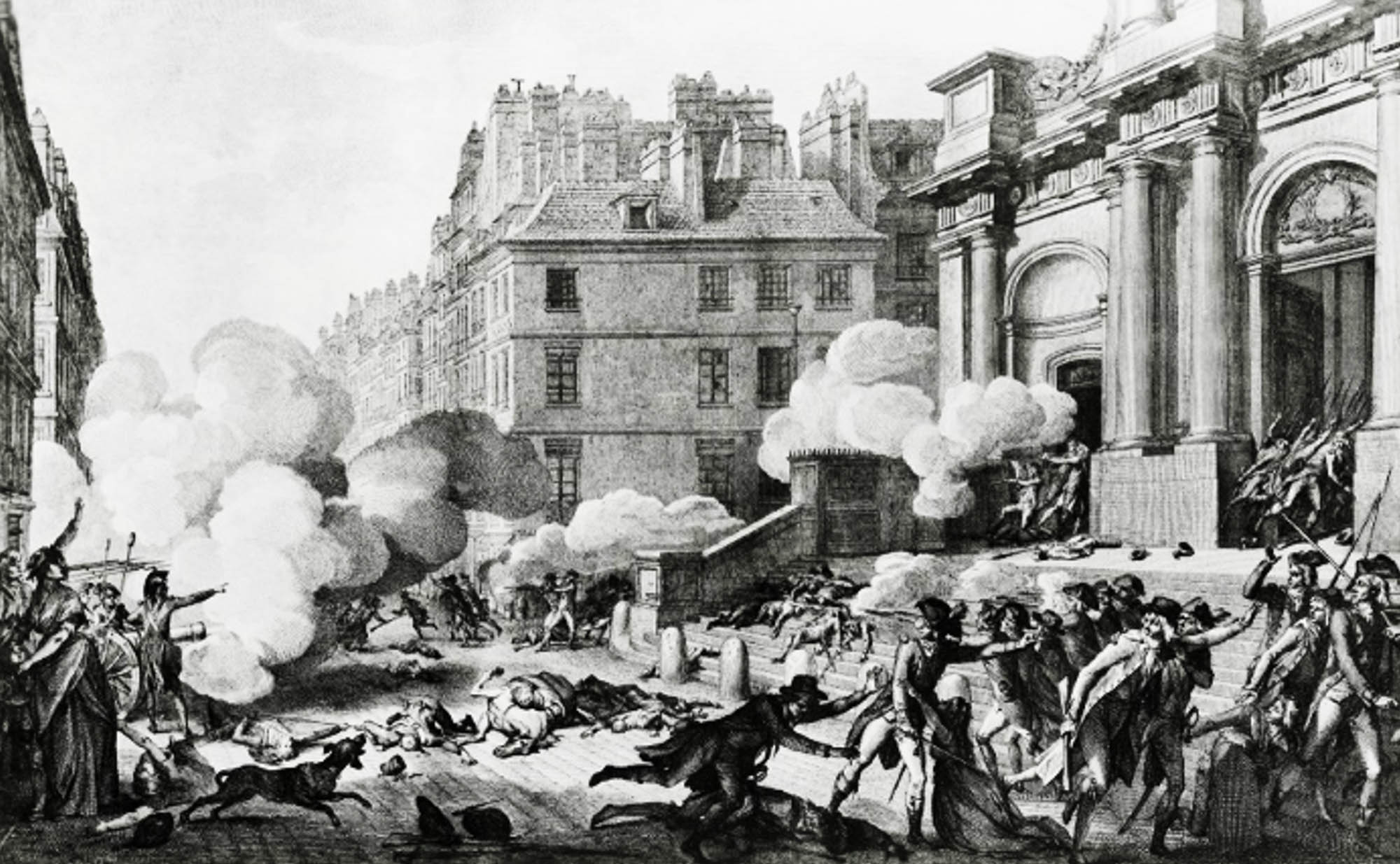 Drawing of a battle in front of a church where many are seen injured on the ground or actively fighting with weapons drawn, there is a large amount of smoke in the scene.