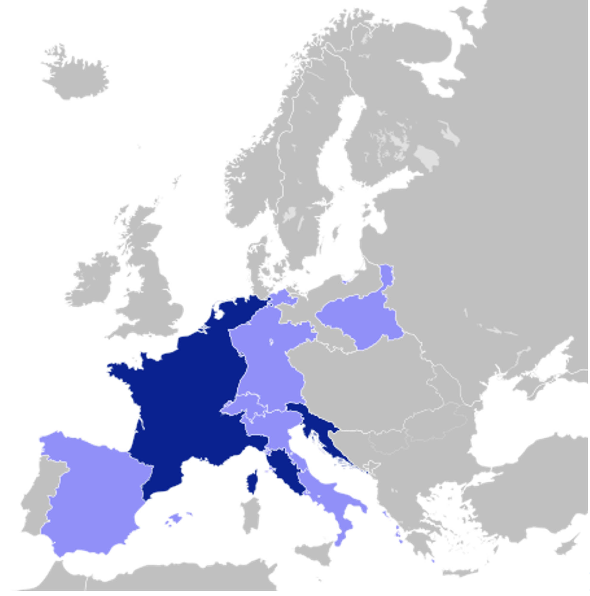 Map of Napoleon’s empire at its greatest extent, in 1812, the dark blue area represents the French Empire, while the lighter blue areas indicate allied states or territories under French influence. The surrounding gray areas are neutral or hostile powers.
