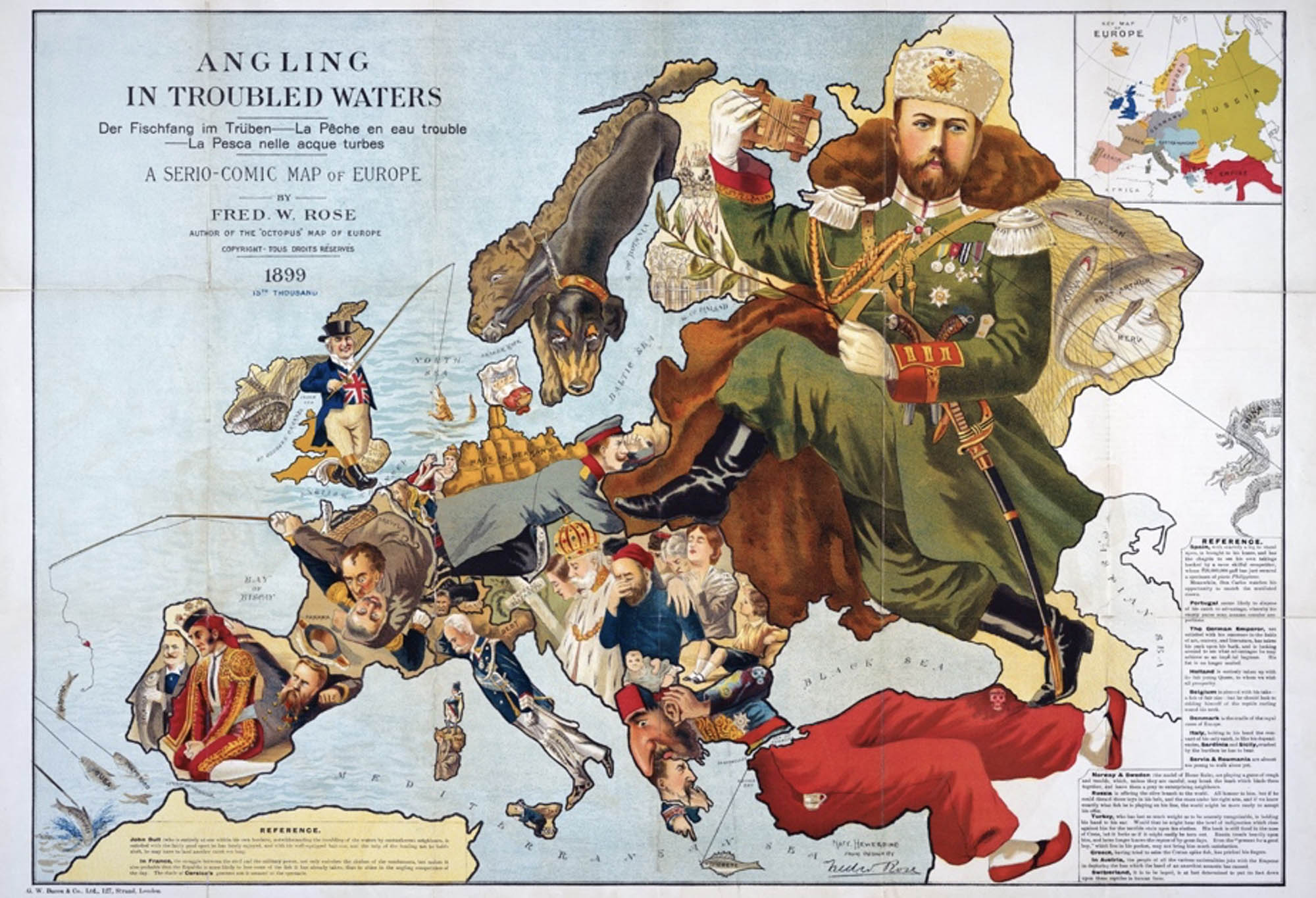 Political cartoon map of European countries as caricatured figures engaged in political and territorial disputes, the map includes a reference section explaining the figures and their significance.