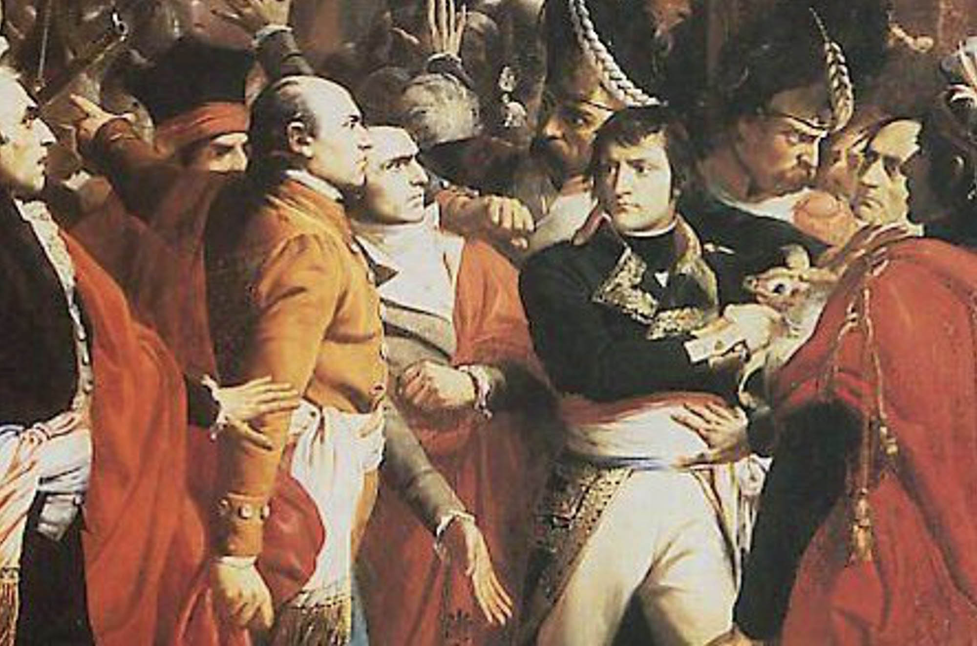 A painting of Napoleon Bonaparte, standing with his arms crossed, surrounded by a crowd that appears angry.