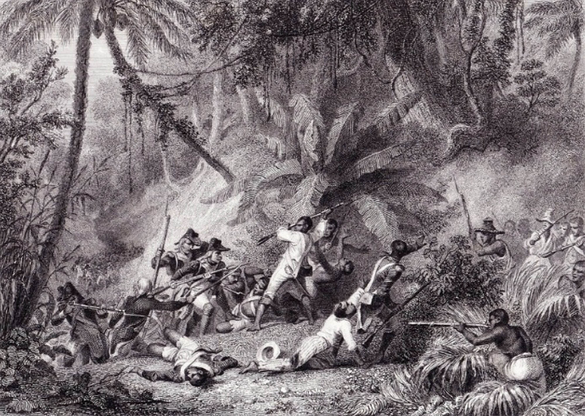 A battle scene in a jungle between an indigenous group of people and European colonizers, both sides are holding weapons.