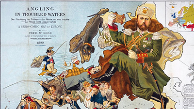 Political cartoon map of European countries as caricatured figures engaged in political and territorial disputes, the map includes a reference section explaining the figures and their significance.