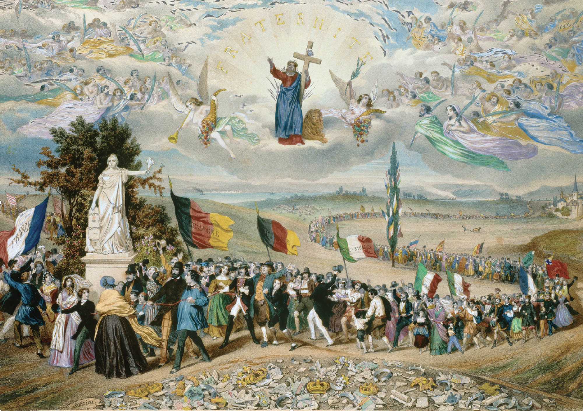 Painting showcasing a procession of people from various nations paying homage to the Statue of Liberty, with the Christ and angels in the sky above. The text "FRATERNITE" is visible in the sky.