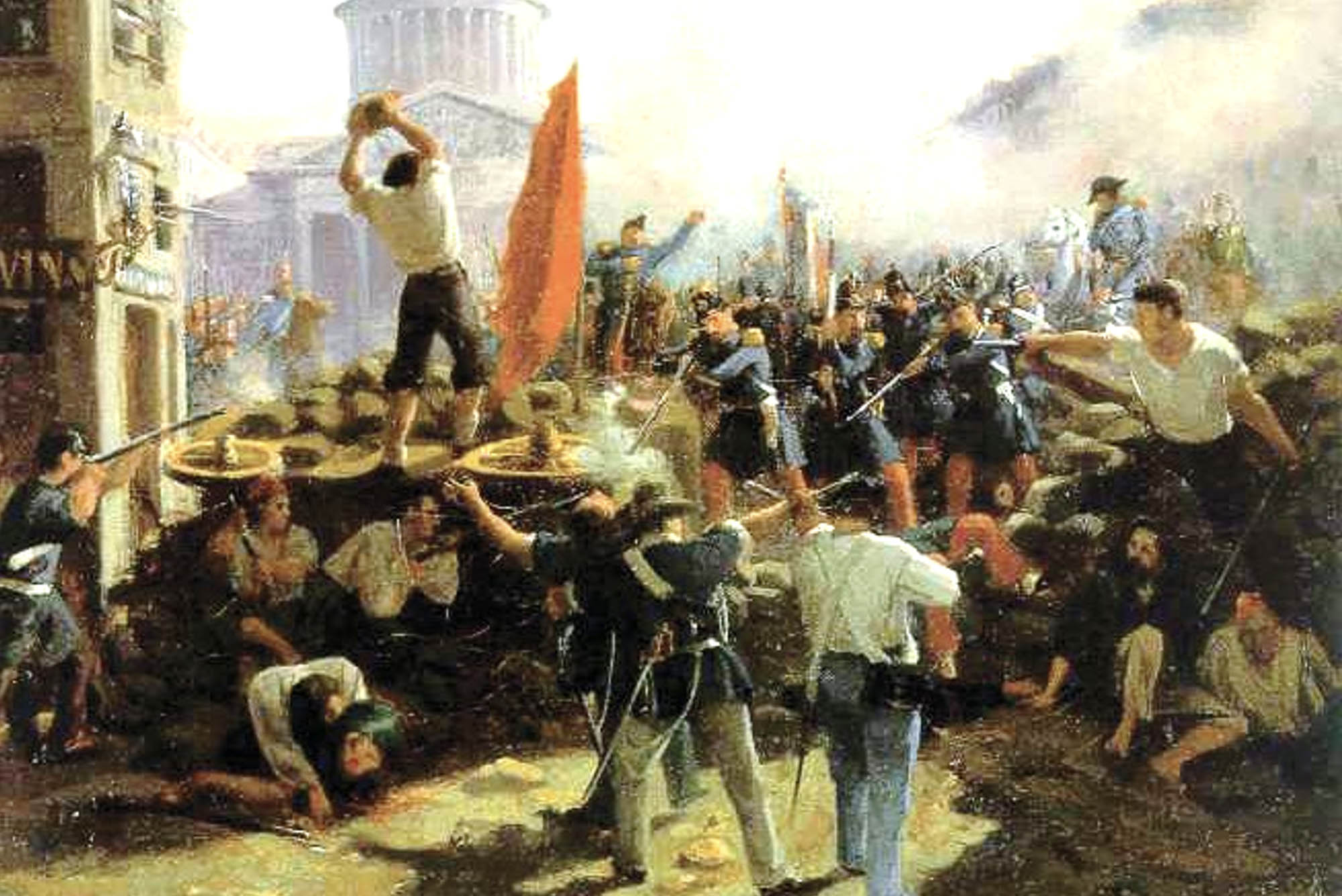A scene of conflict showing individuals fighting and defending barricades.
