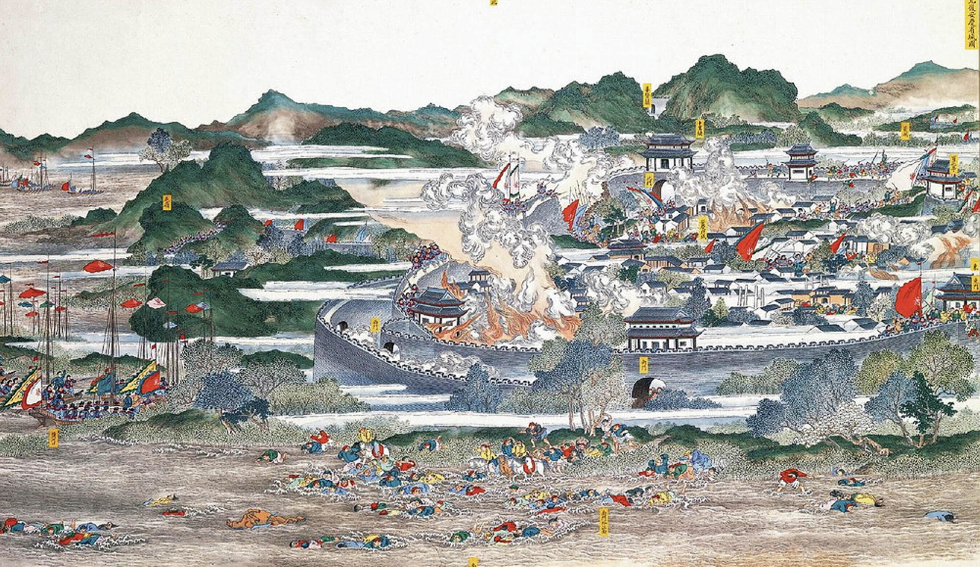 A scene from the Taiping Rebellion, there are fallen soldiers in the foreground, a river and mountainous terrain in the background. The city walls are under attack, with smoke and fire visible, and flags indicating different factions.