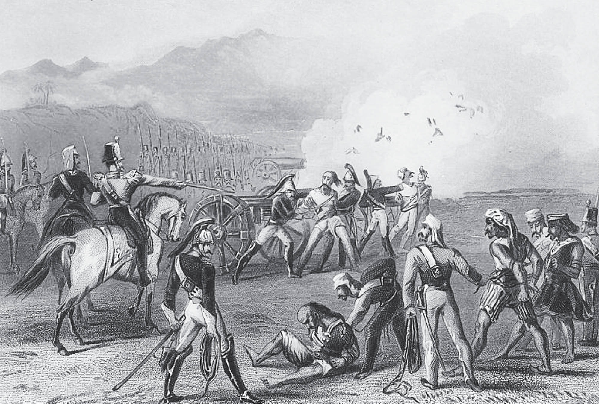 A greyscale image of soldiers in military uniform firing a cannon and holding prisoners bound and captive.