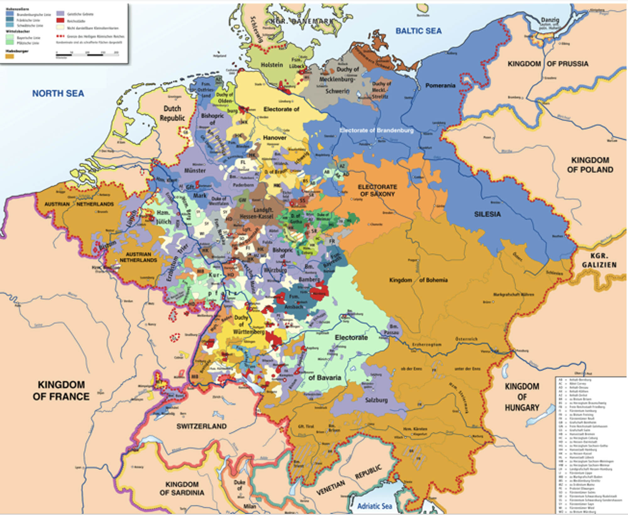 A Map of the Holy Roman Empire, it uses different colors to distinguish the various regions and their affiliations, the map also includes a legend, detailing the different types of territories within the empire.