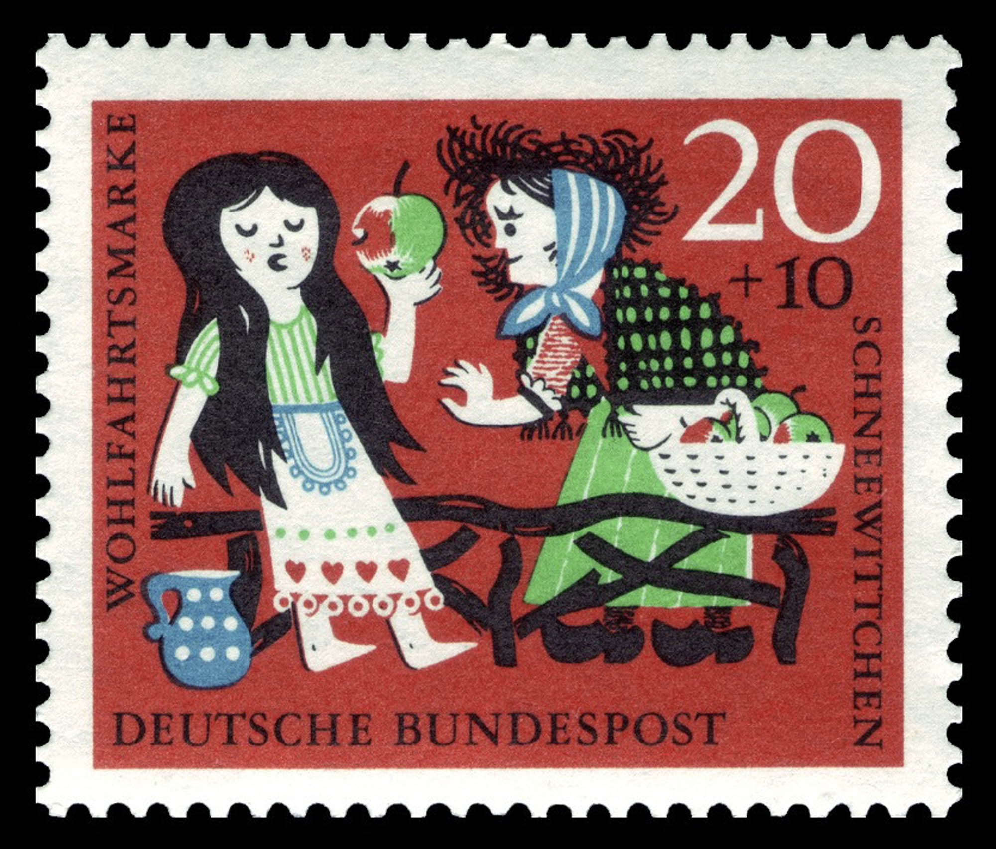 A German stamp depicting Snow White eating a poisoned apple in front of an elderly woman who is holding a basket of apples.