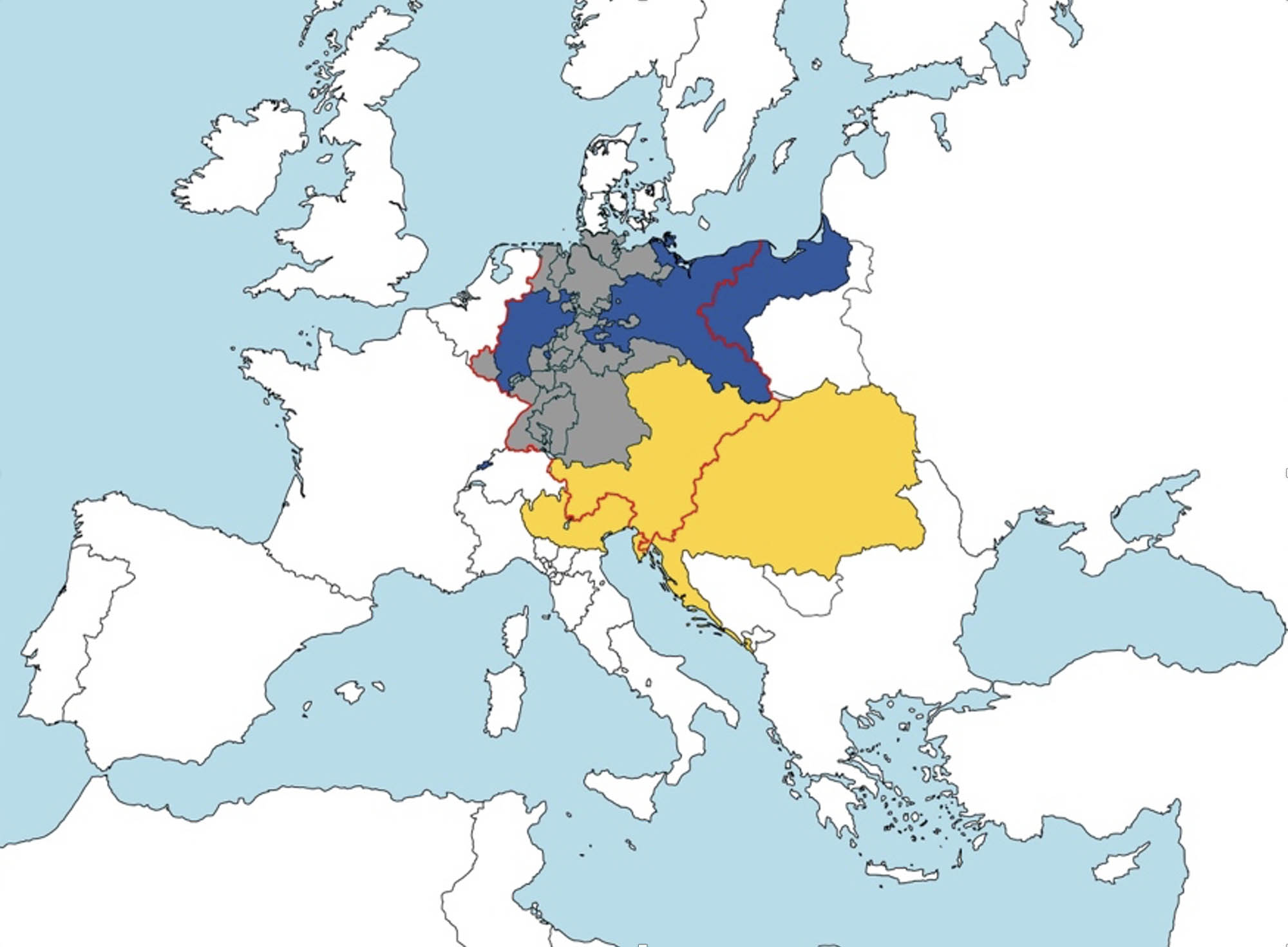 Map of the German Confederation, the border of the confederation is in red, parts of Prussia (blue) and Austria (yellow) are outside the Confederation.