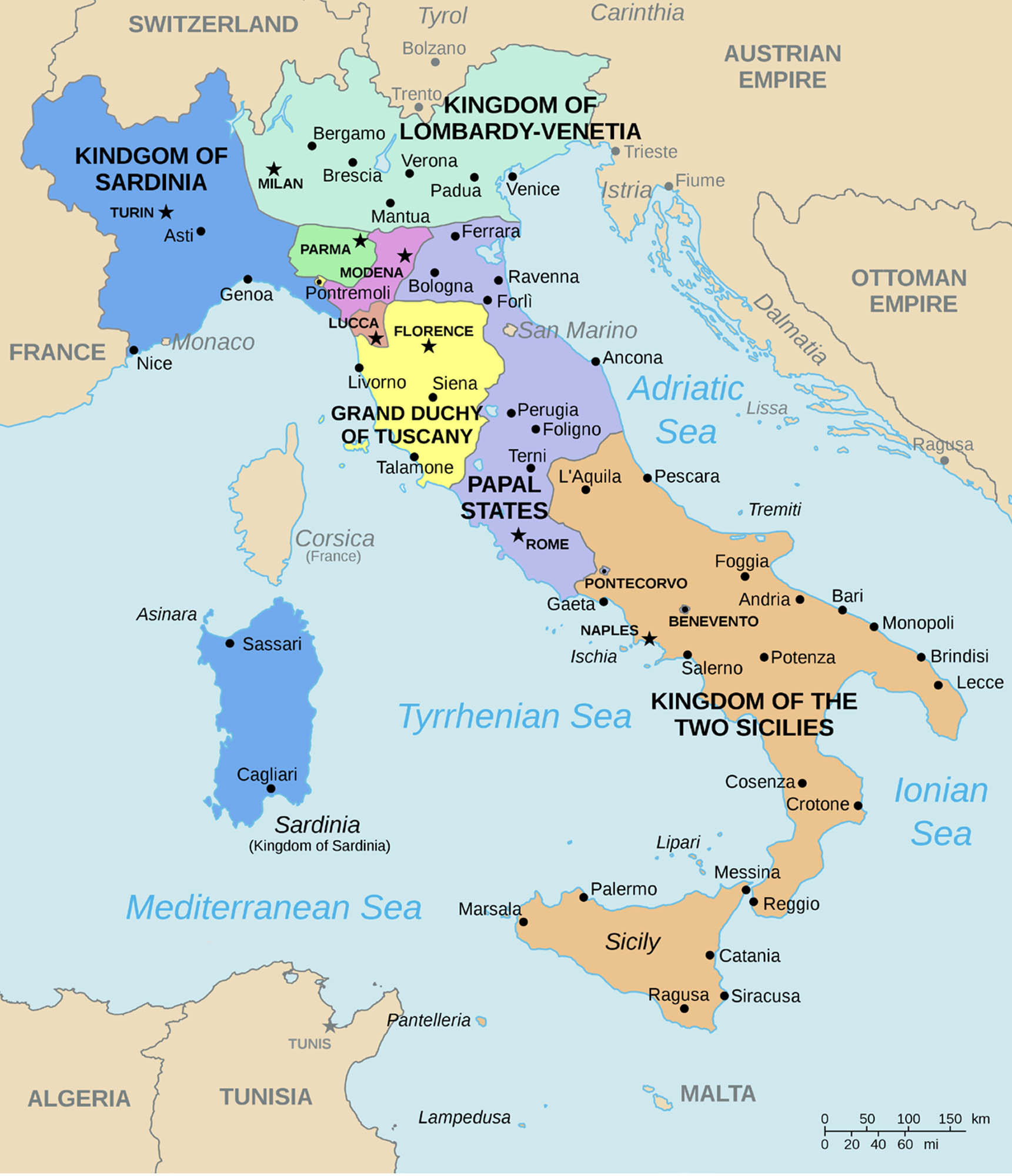 A map of Italy in 1843, showing major independent states, smaller states, and neighboring countries. The scale at the bottom indicates distances in both kilometers and miles. The colors on the map differentiate the various states, making their boundaries clear.