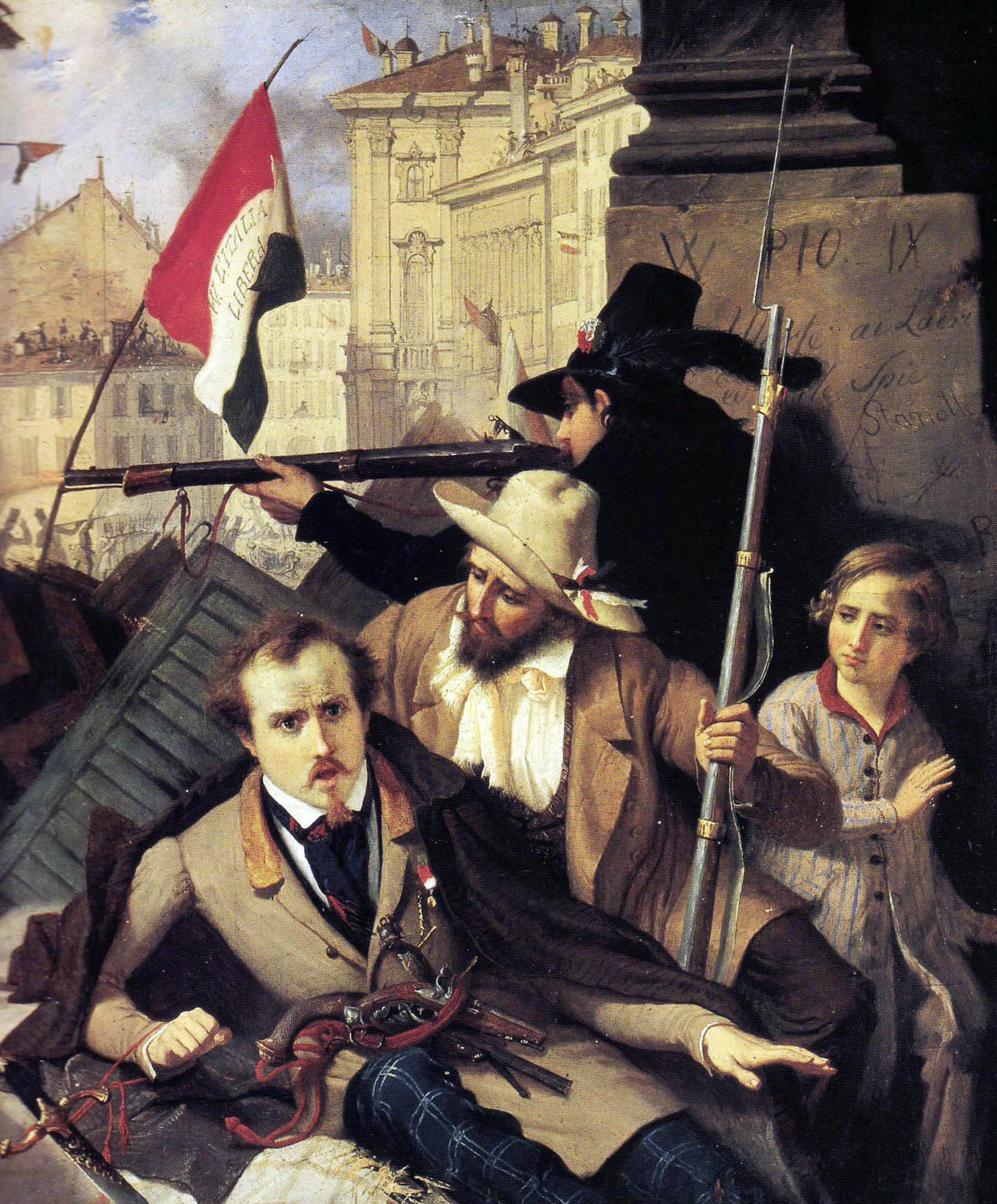 A group of armed and distressed people amidst barricades and building debris, with the tri-colored Italian flag visible in the background.