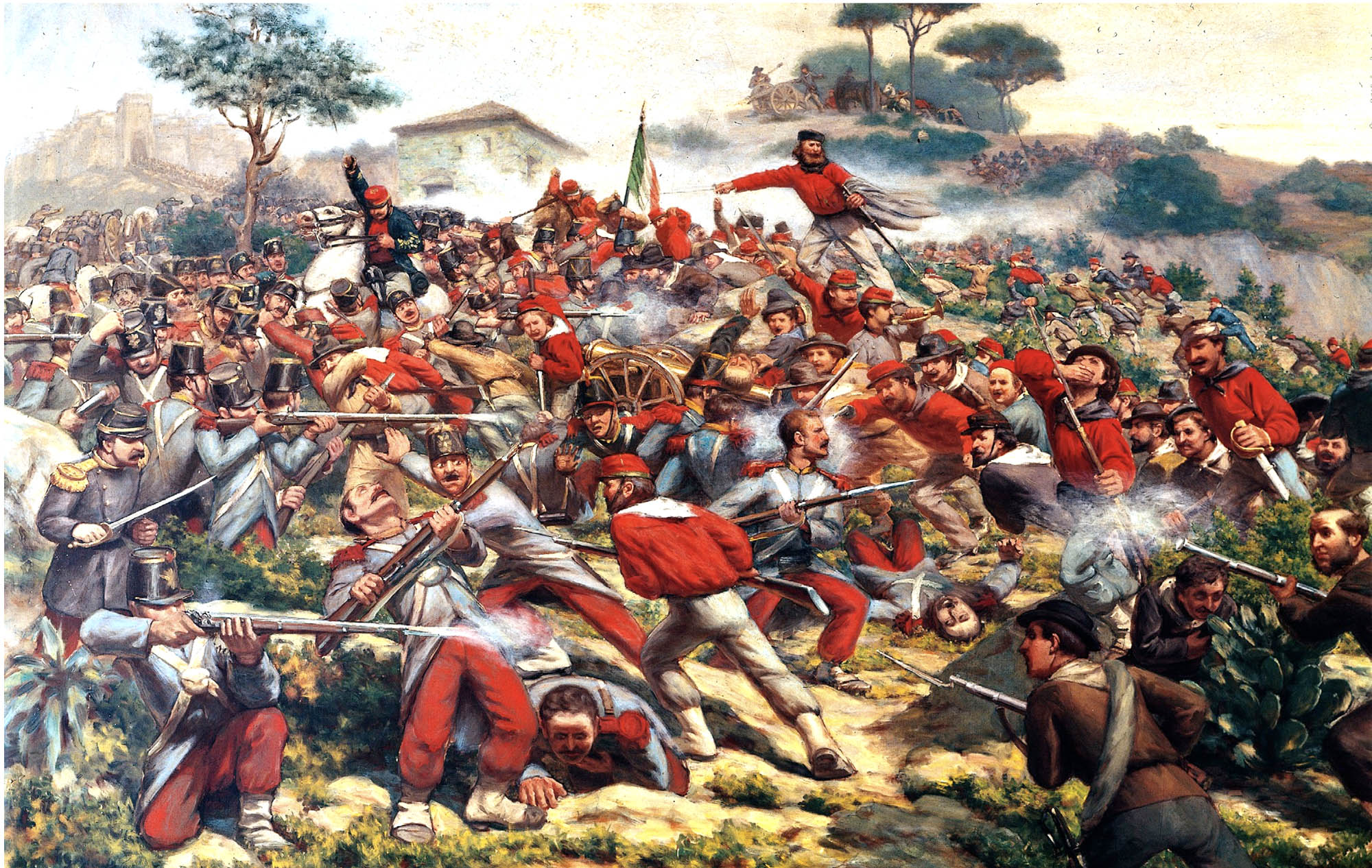 A painting depicting a chaotic and intense battle on a rugged and hilly landscape, soldiers are seen in uniforms and engaged in close combat with weapons.