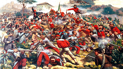 A painting depicting a chaotic and intense battle on a rugged and hilly landscape, soldiers are seen in uniforms and engaged in close combat with weapons.