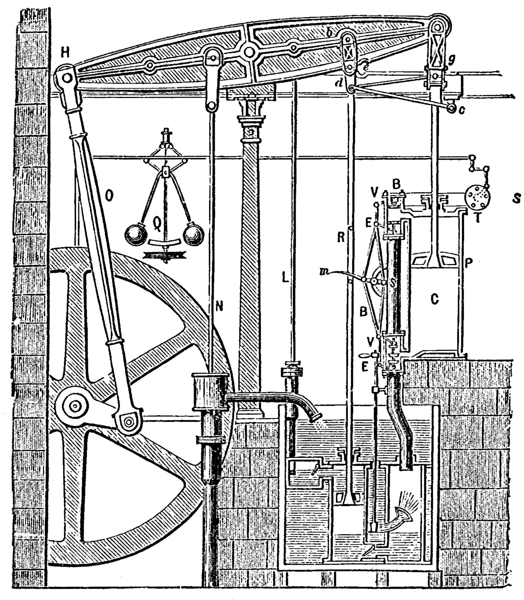 A diagram of the first steam engine. There is a large wheel, a crank, and several pipes and spouts.