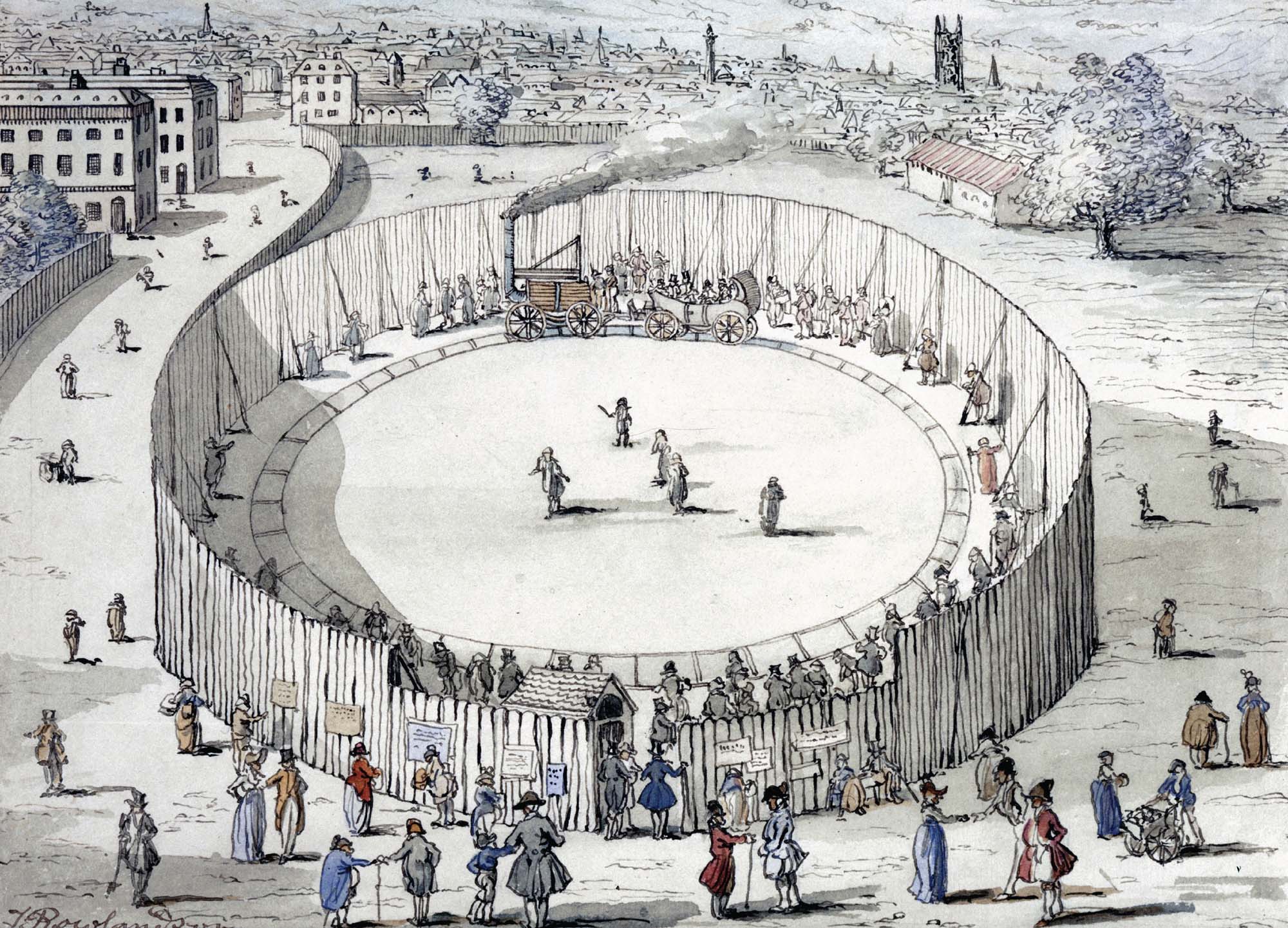 Watercolor painting from 1803 showing crowds observing the earliest steam locomotive running on rails.