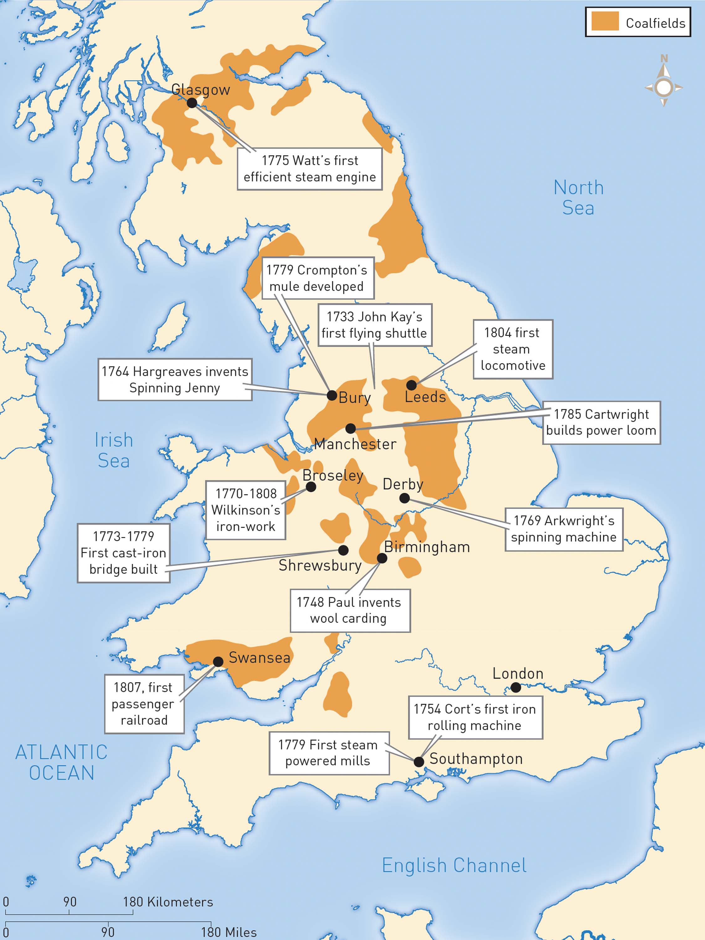 Map of Great Britain displaying early industrial sites scattered across the island.