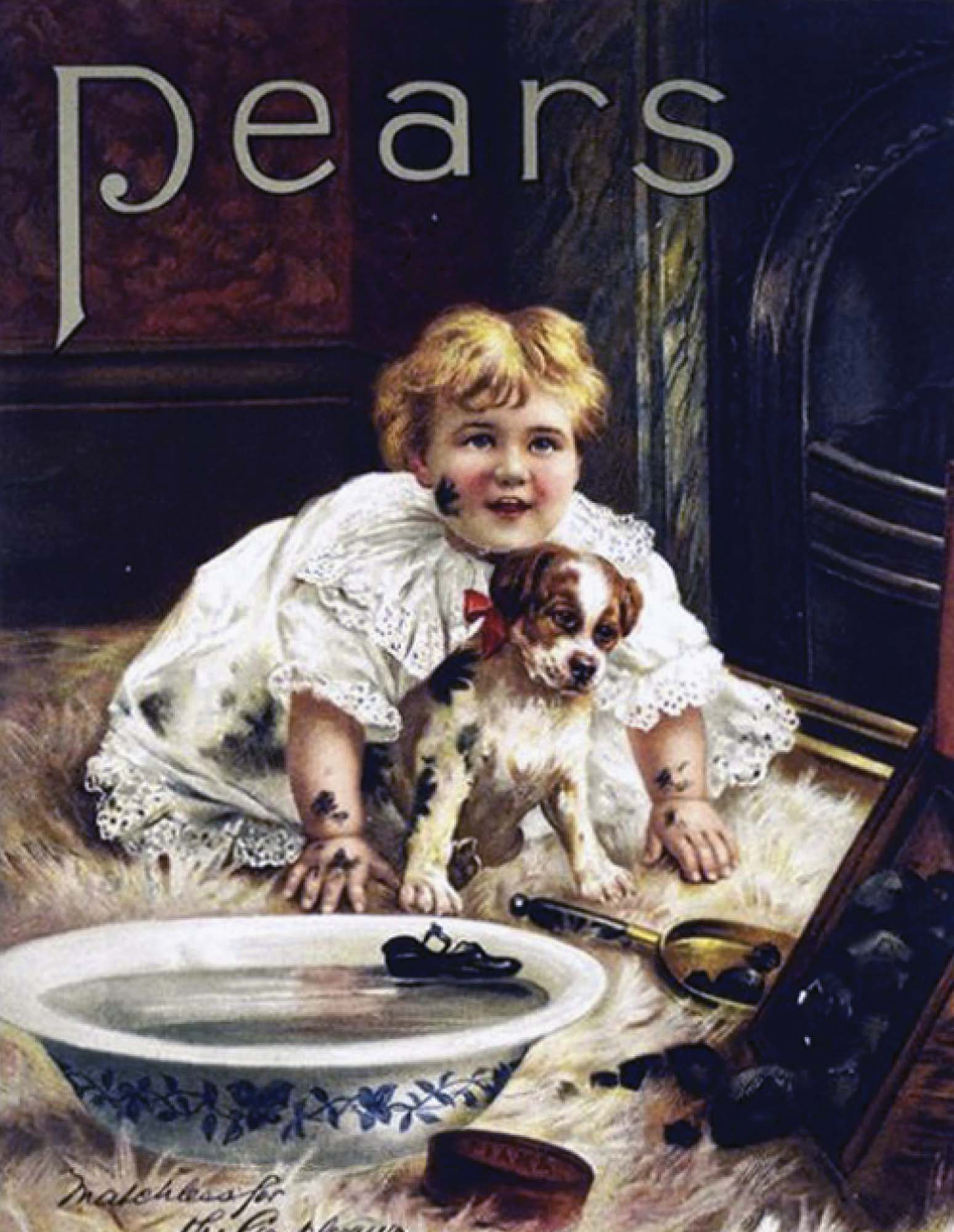 Print ad for soap brand, Pears, with a dirty child and her pet dog.