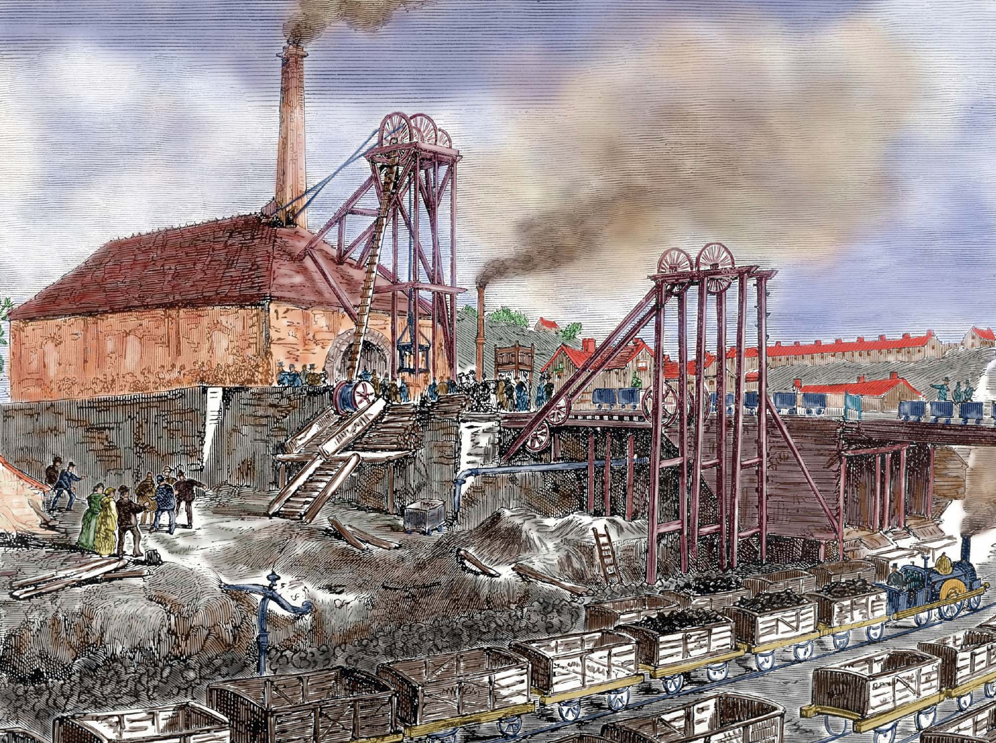 A drawing depicts the construction of industrial machinery. A cargo train holds supplies and several stand in the construction site, working.