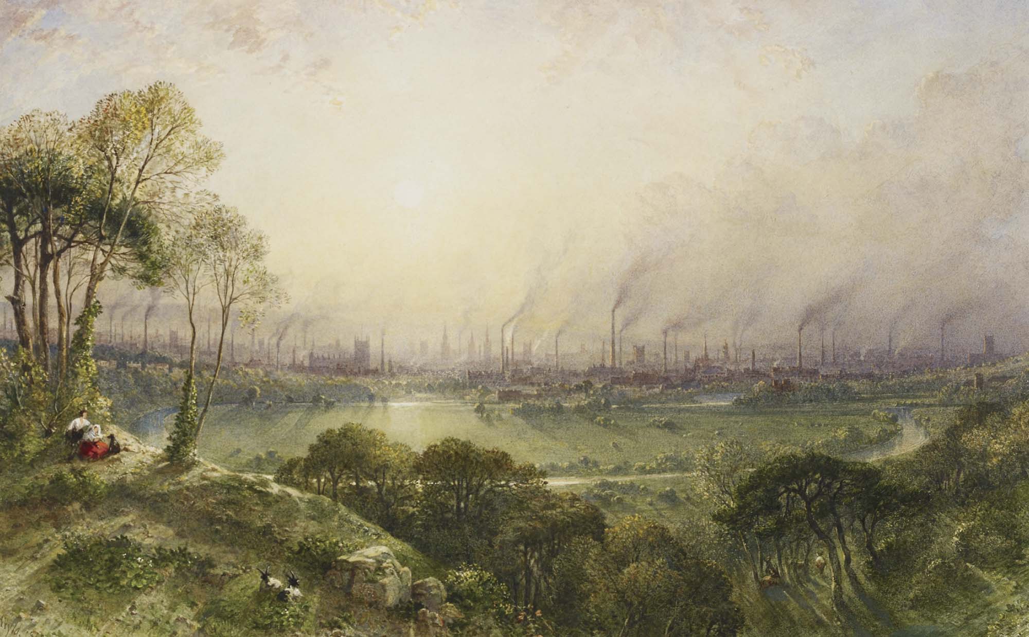 A painting depicts an industrial skyline behind an otherwise lush, green area. The skyline features tall buildings and smokestacks, emitting great clouds of smoke that has turned the sky grey.