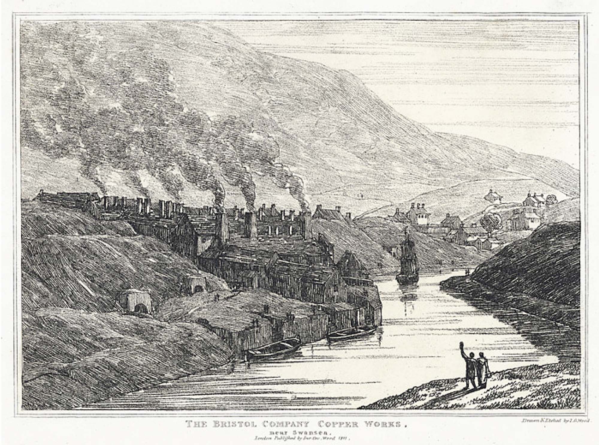 Black and white drawing of a copper factory near a body of water and against a hillside. Two people are waving, from the other side of the water, facing toward the factory.