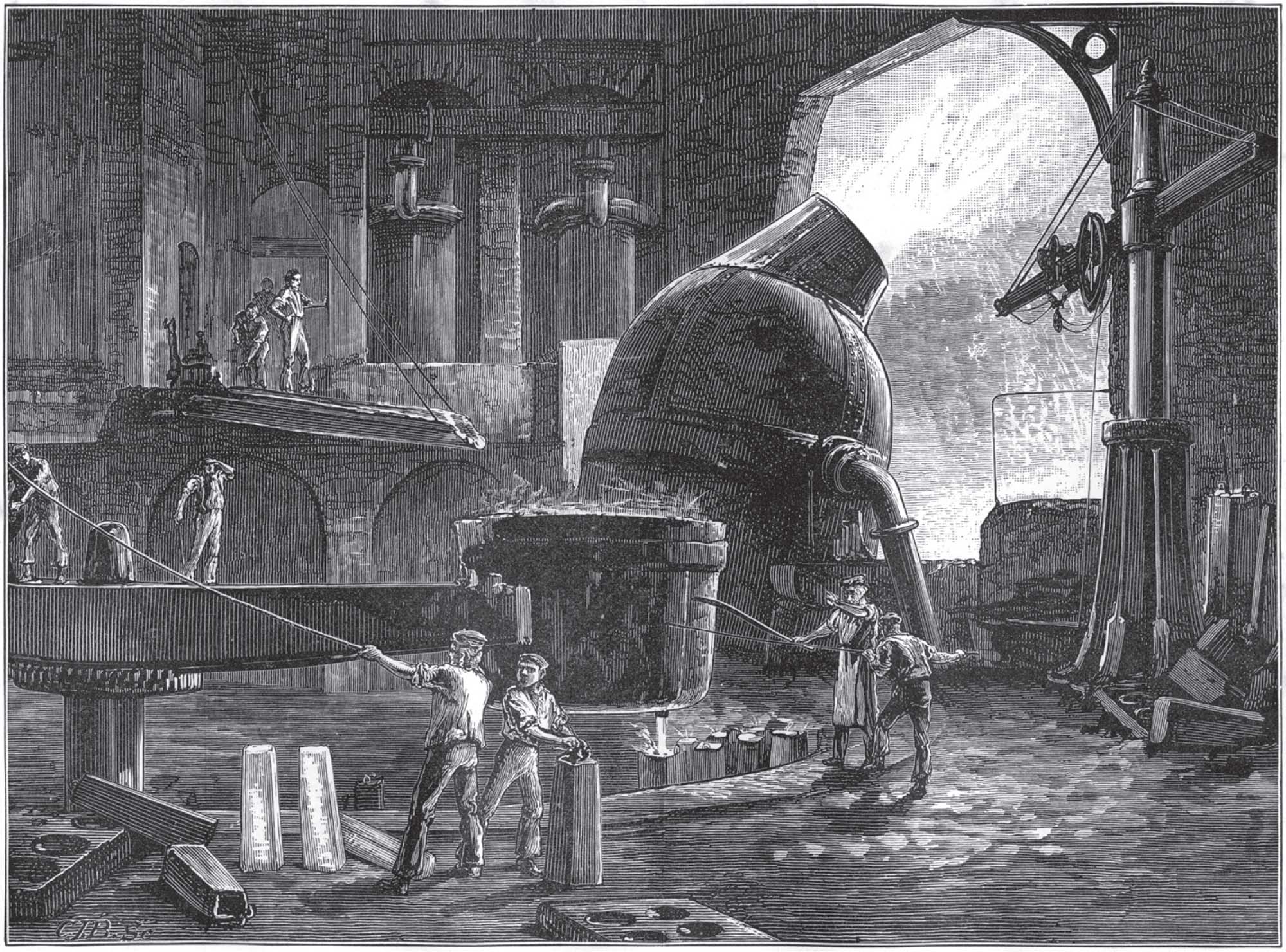 Engraving of a steel-making furnace in operation with workers tending to the furnace.