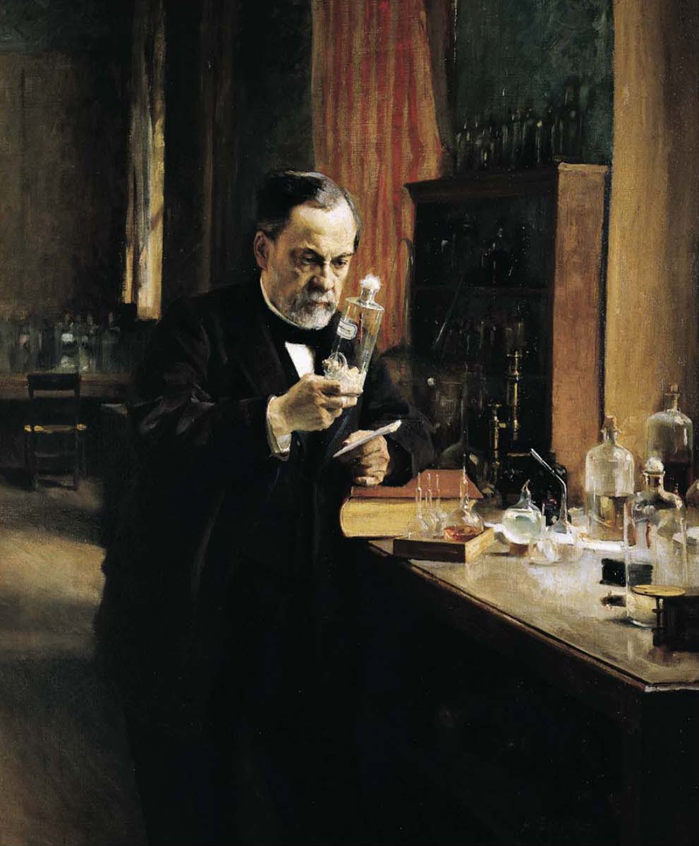 An oil painting of Louis Pasteur in his lab.