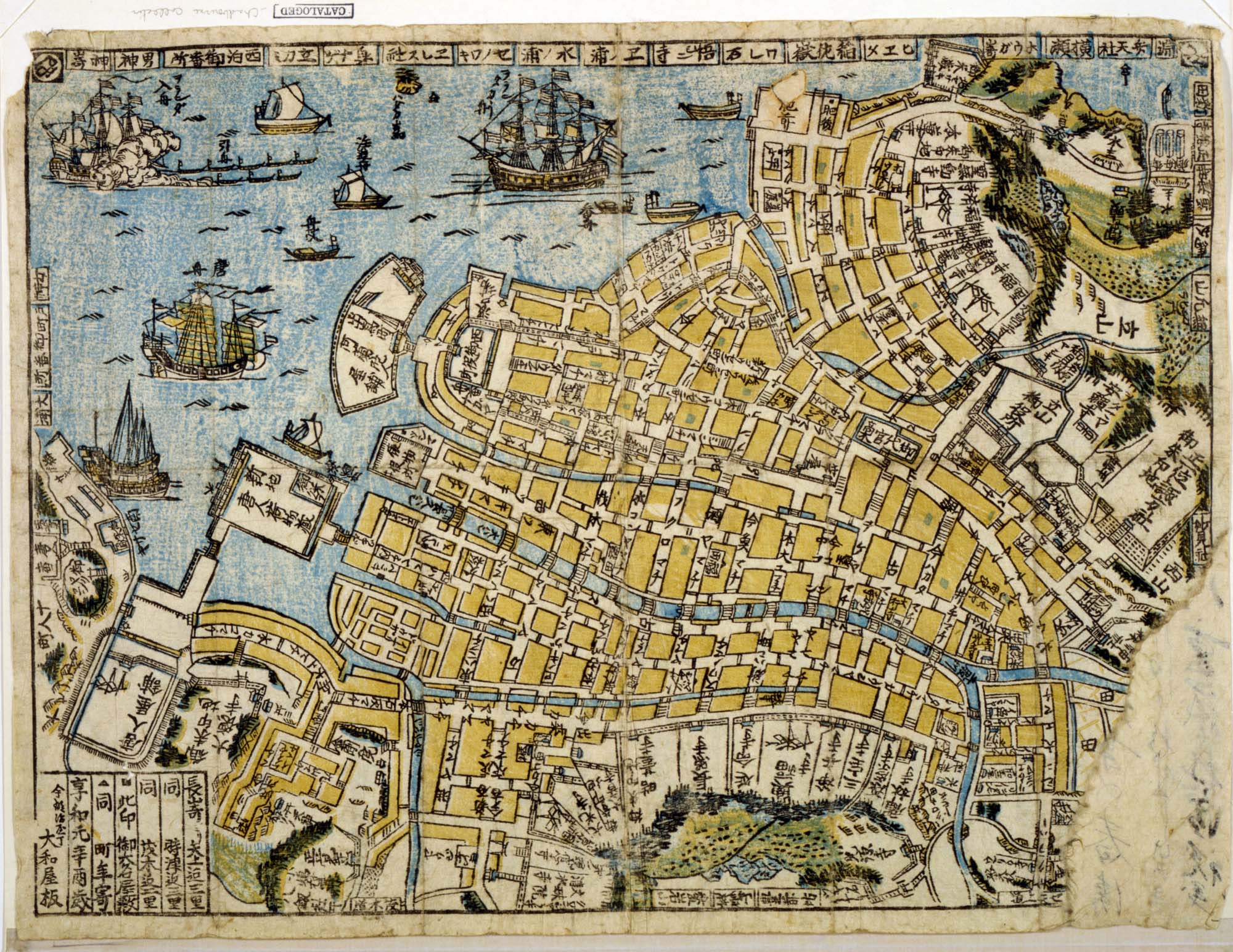 An illustrated map of harbor. The map is extremely detailed, with illustrations of ships on the water, large buildings, and the many roads that run through the area.