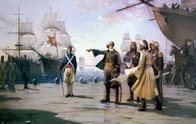 A painting of several men standing in front of several large sailing ships. Muhammad Ali, depicted in traditional clothing in the color green, is pointing at one of the ships.