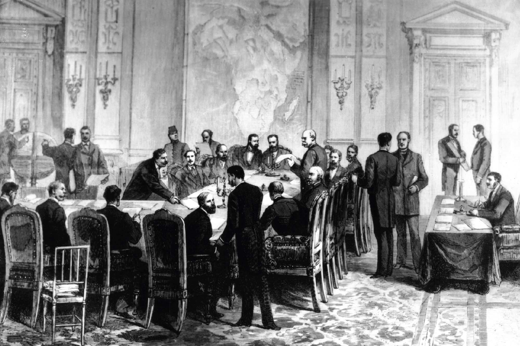 Drawing of a room full of men, most seated at a long table, talking and looking over papers.