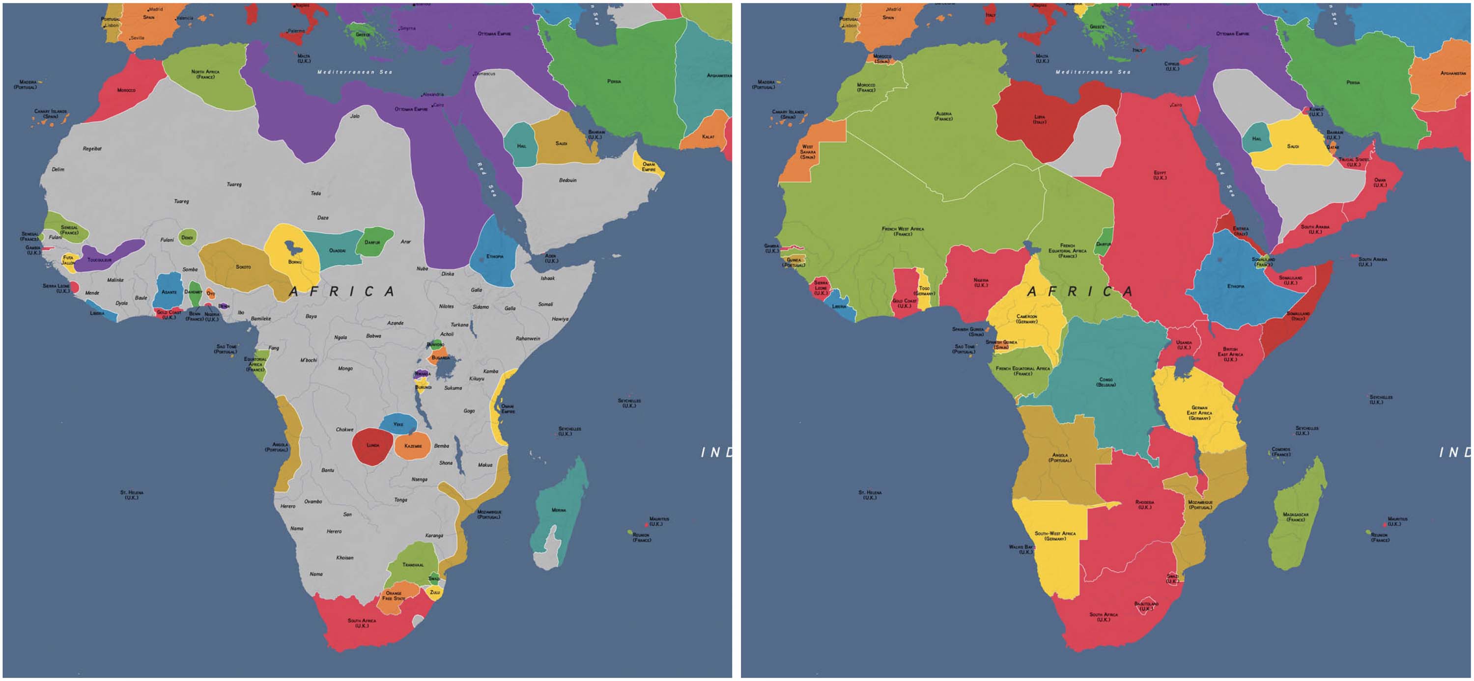Two maps side by side of the African continent. The map on the left reads 1880 and has many small territories and lots of grey space. The map on the right has several large territories with straight borders covering the entire continent.