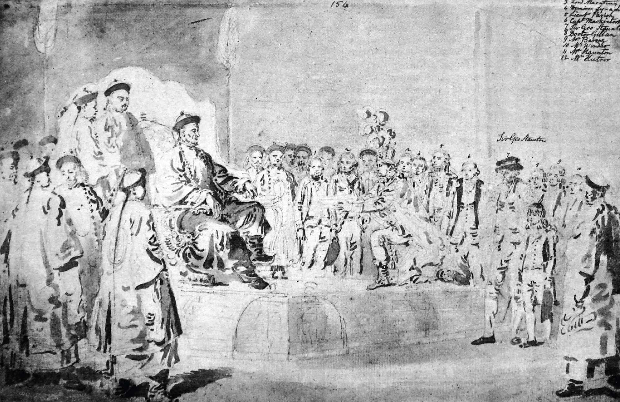 A black and white drawing depicts a British lord in a tall headdress kneeling before the Qing Emperor who is seated on a great throne. Surrounding them, many people look on.