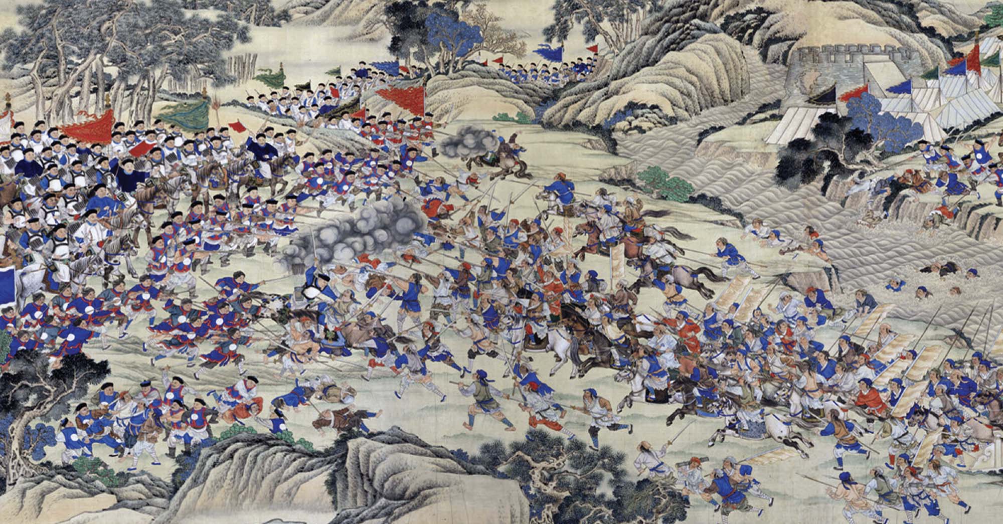 A detailed painting depicts a battle scene. Two very large groups of soldiers are running toward each other with spears and other weapons in a mountainous region.