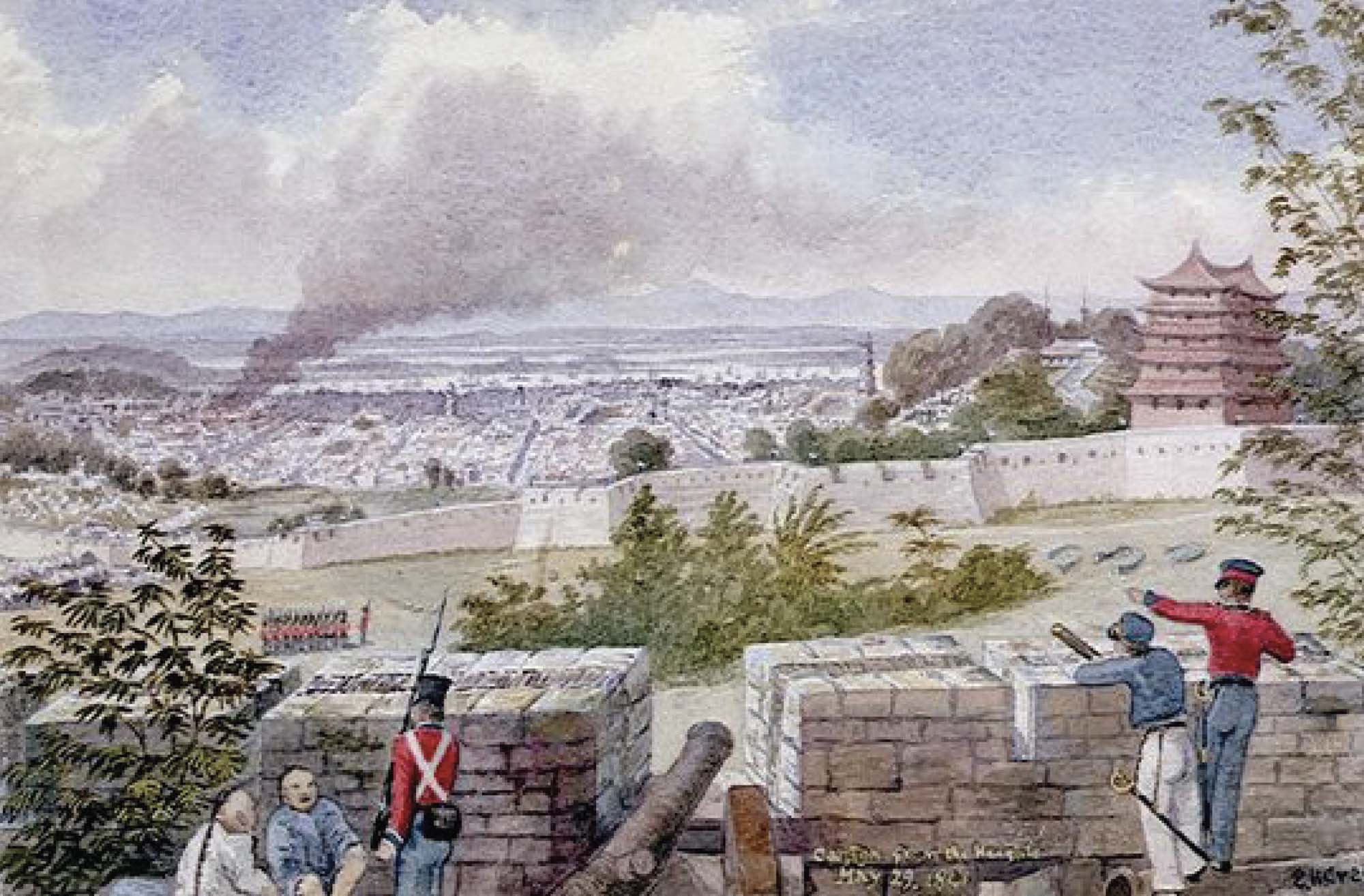 Painting depicts soldiers standing behind two sections of brick wall, between which is a canon.