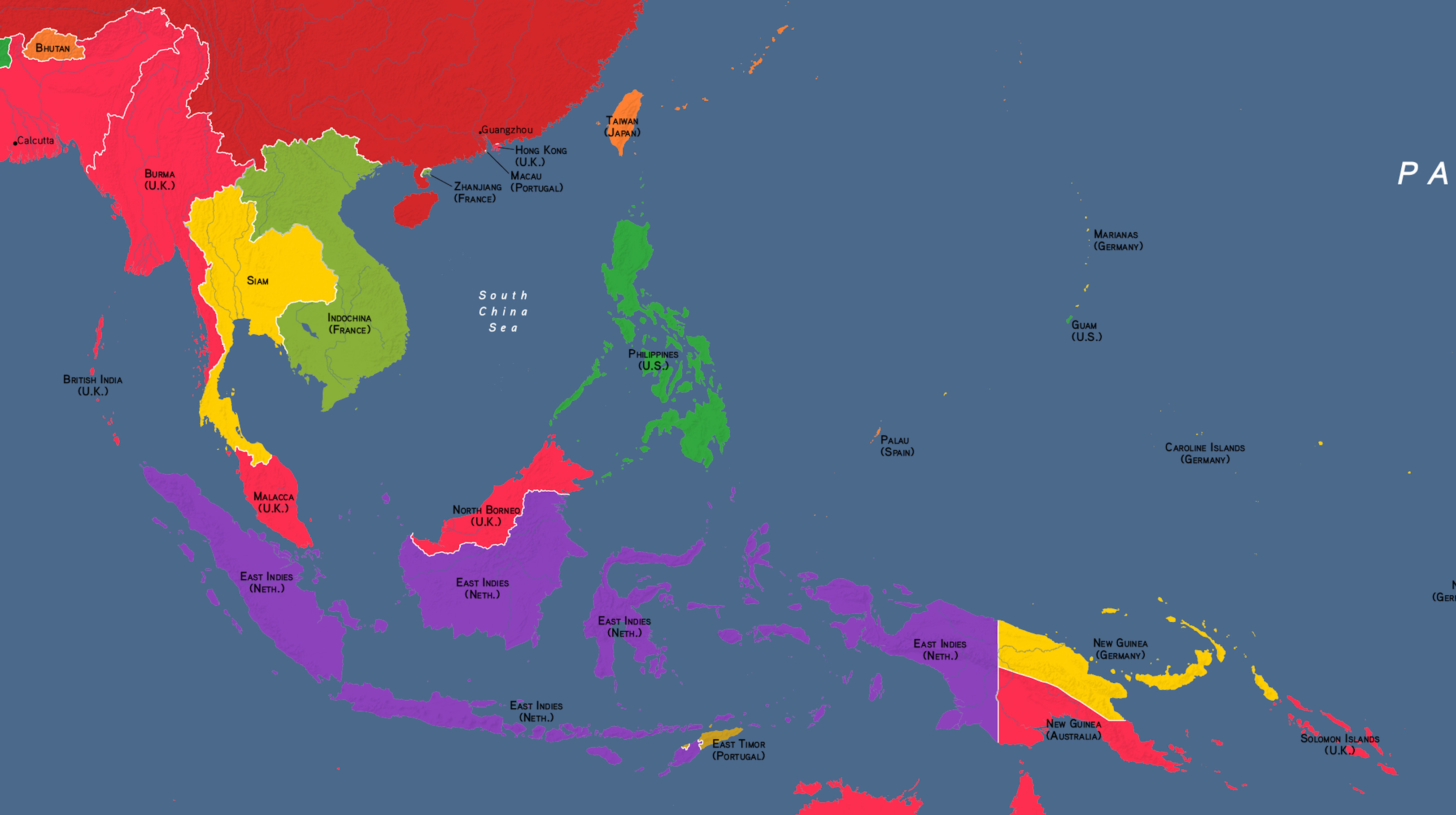 Map of the regions of Southeast Asia colonized by the Europe around 1914.