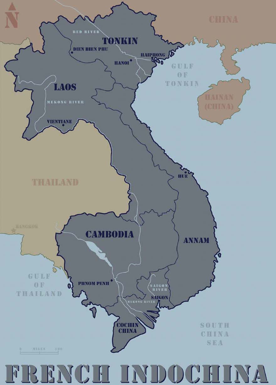 Map of the regions of Southeast Asia colonized by the French, then known as French Indochina. 
