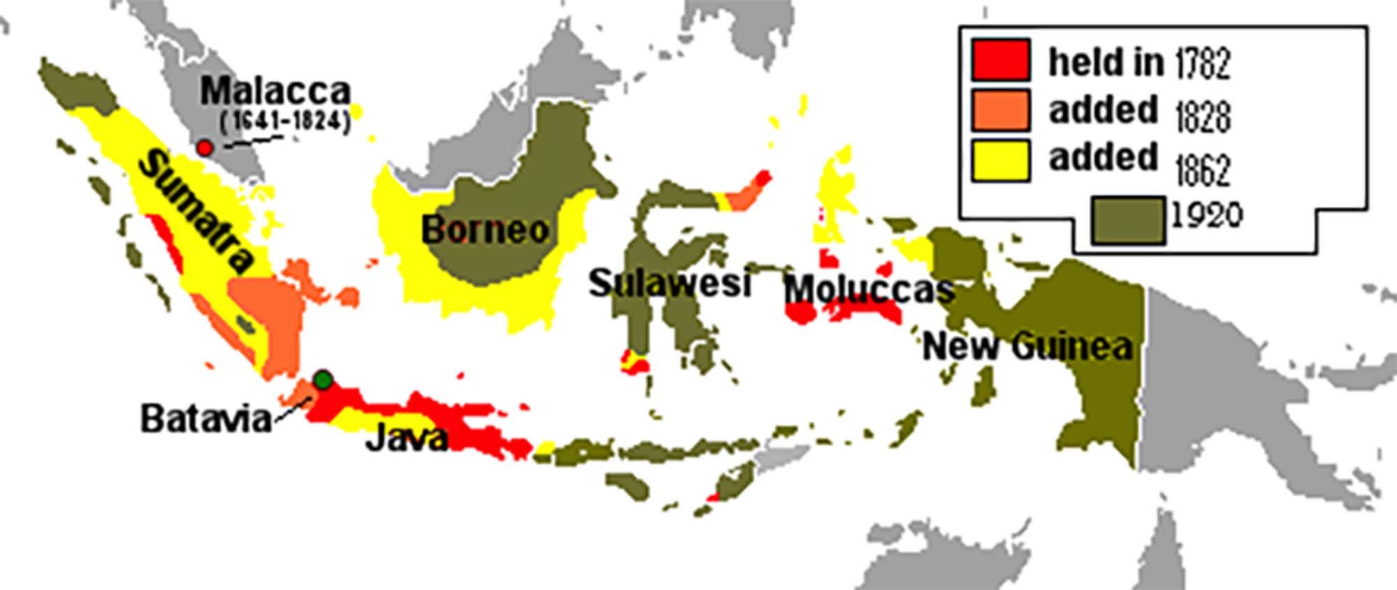 Map of the Dutch East Indies showing its territorial expansion from 1800 to its fullest extent prior to Japanese occupation in 1942.