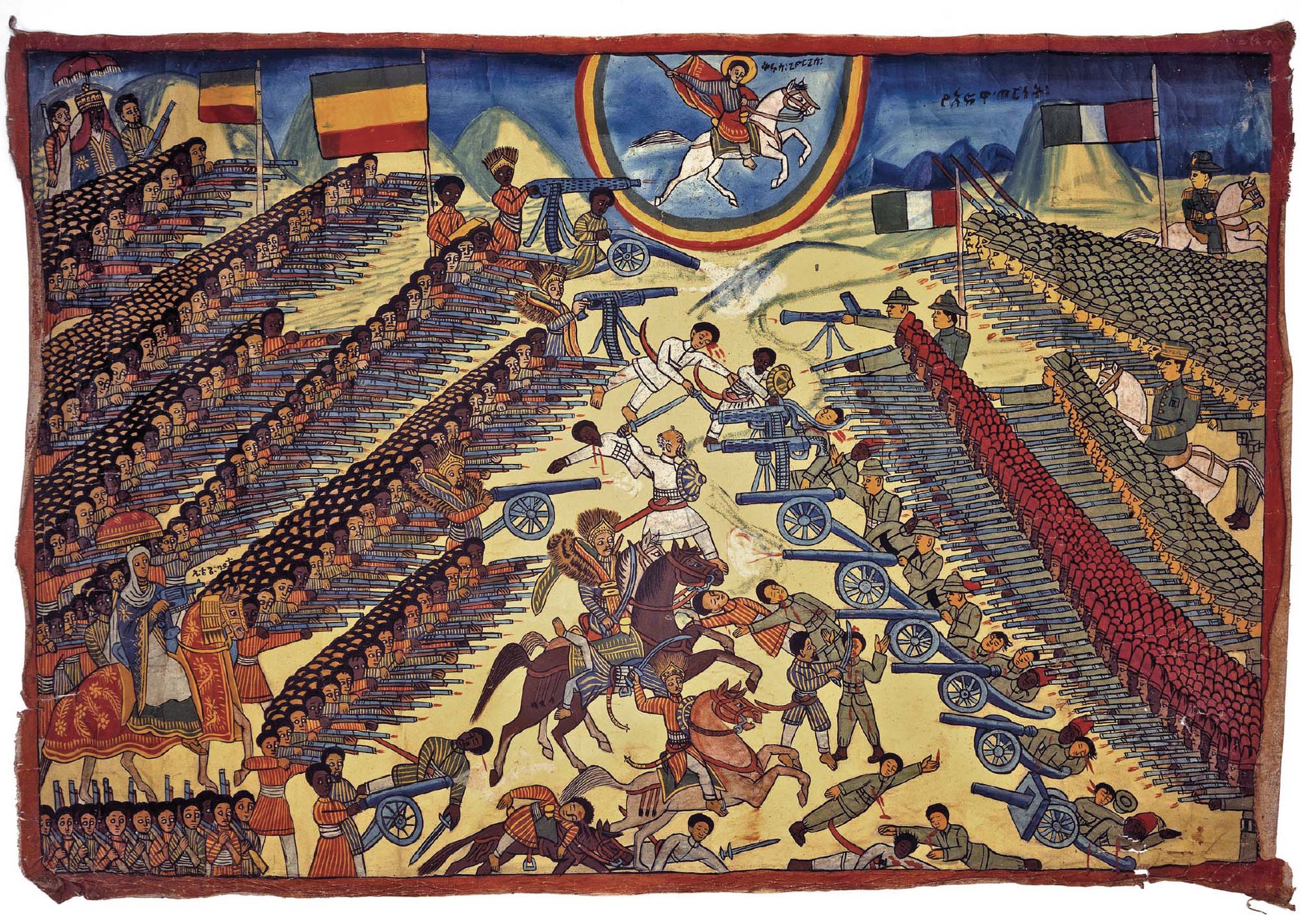Painting depicting a battle with lines of soldiers on both sides. Those on the right wear green uniforms and red and green hats while those on the left wear striped clothing.