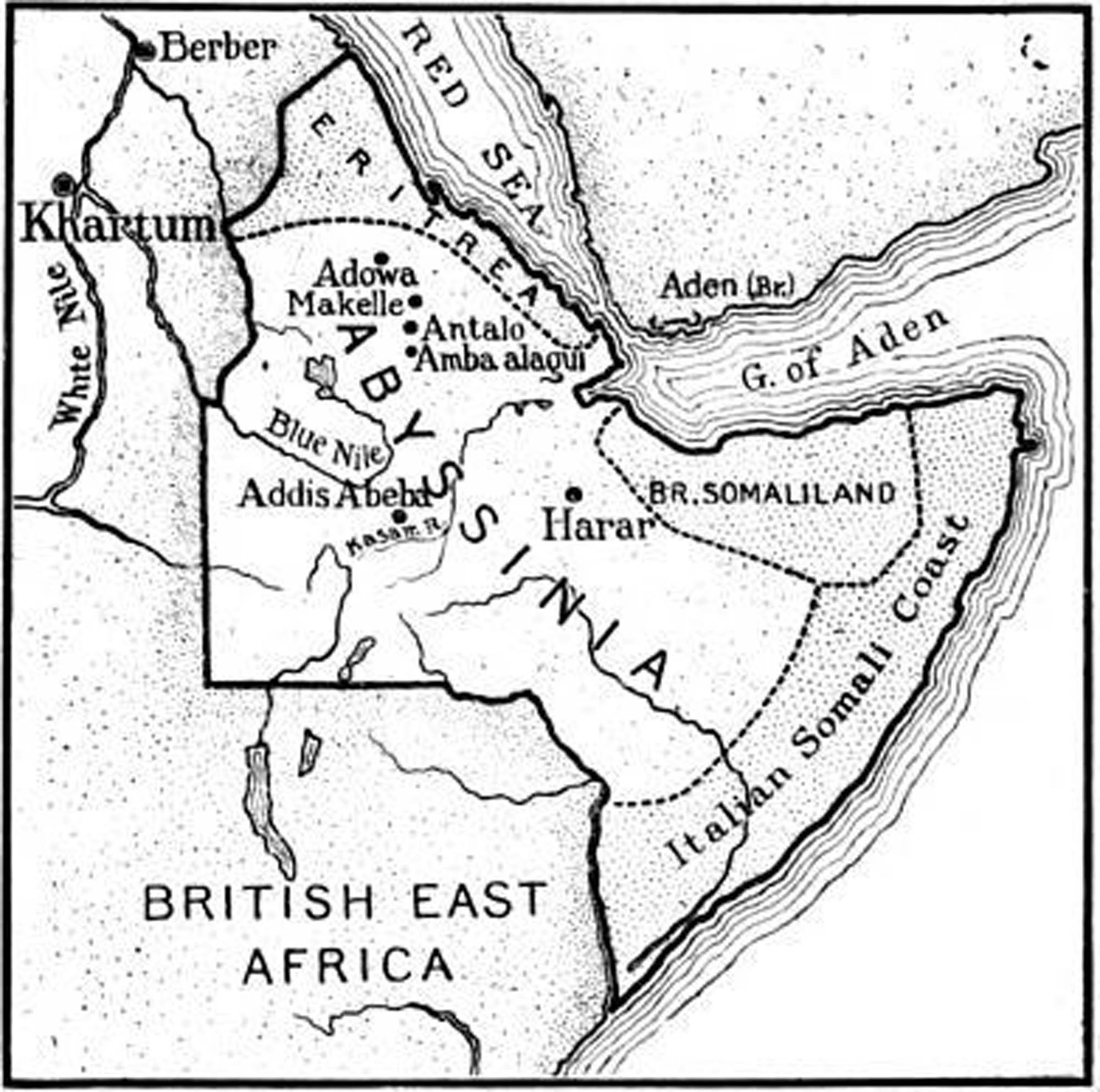 Map of Northeast Africa with lines showing territorial divides between coastal British, coastal Italian and inland Abyssinian land, of which Abyssinia is the largest.