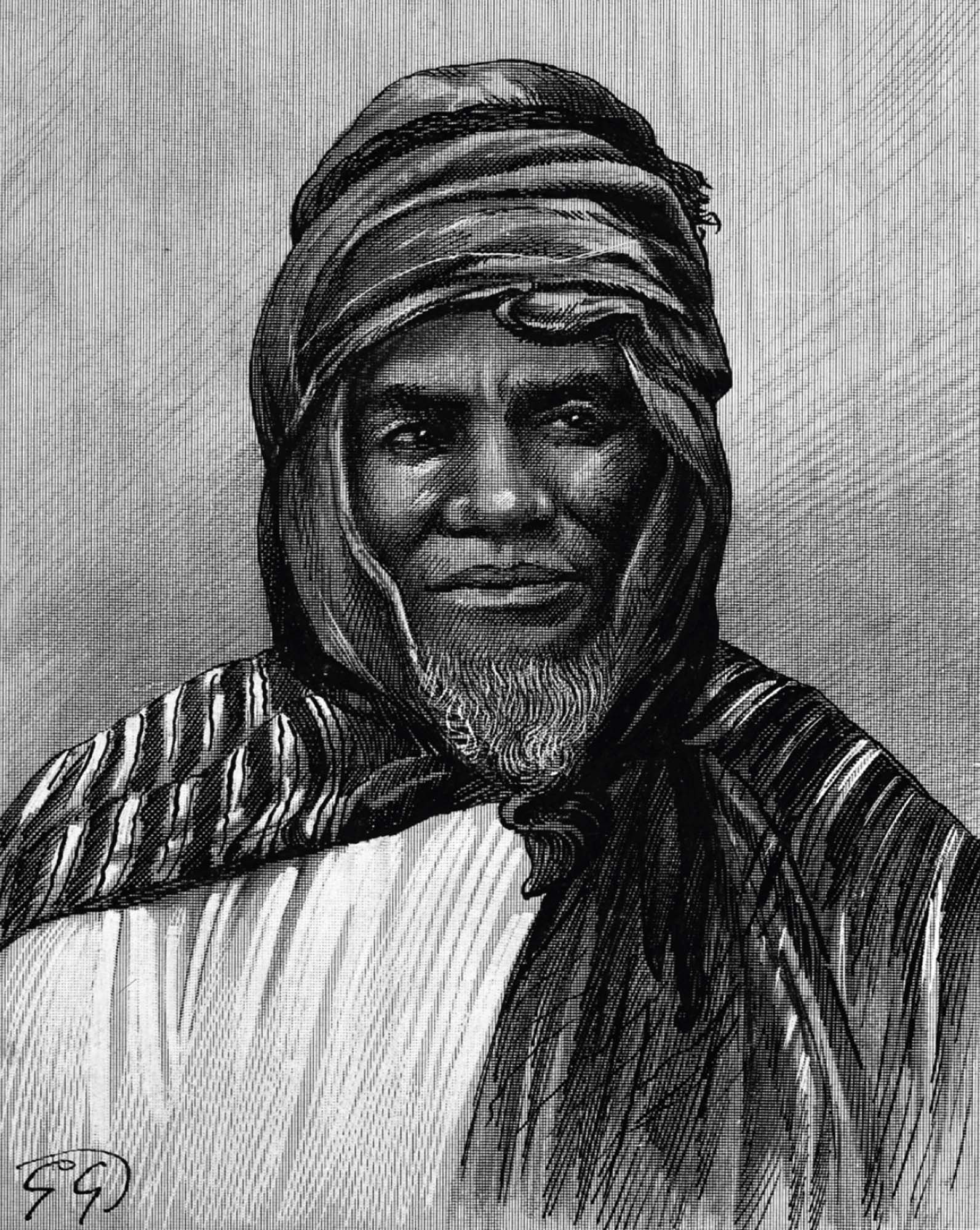 Engraved portrait of Samory Toure, a bearded man wearing traditional Muslim garb.