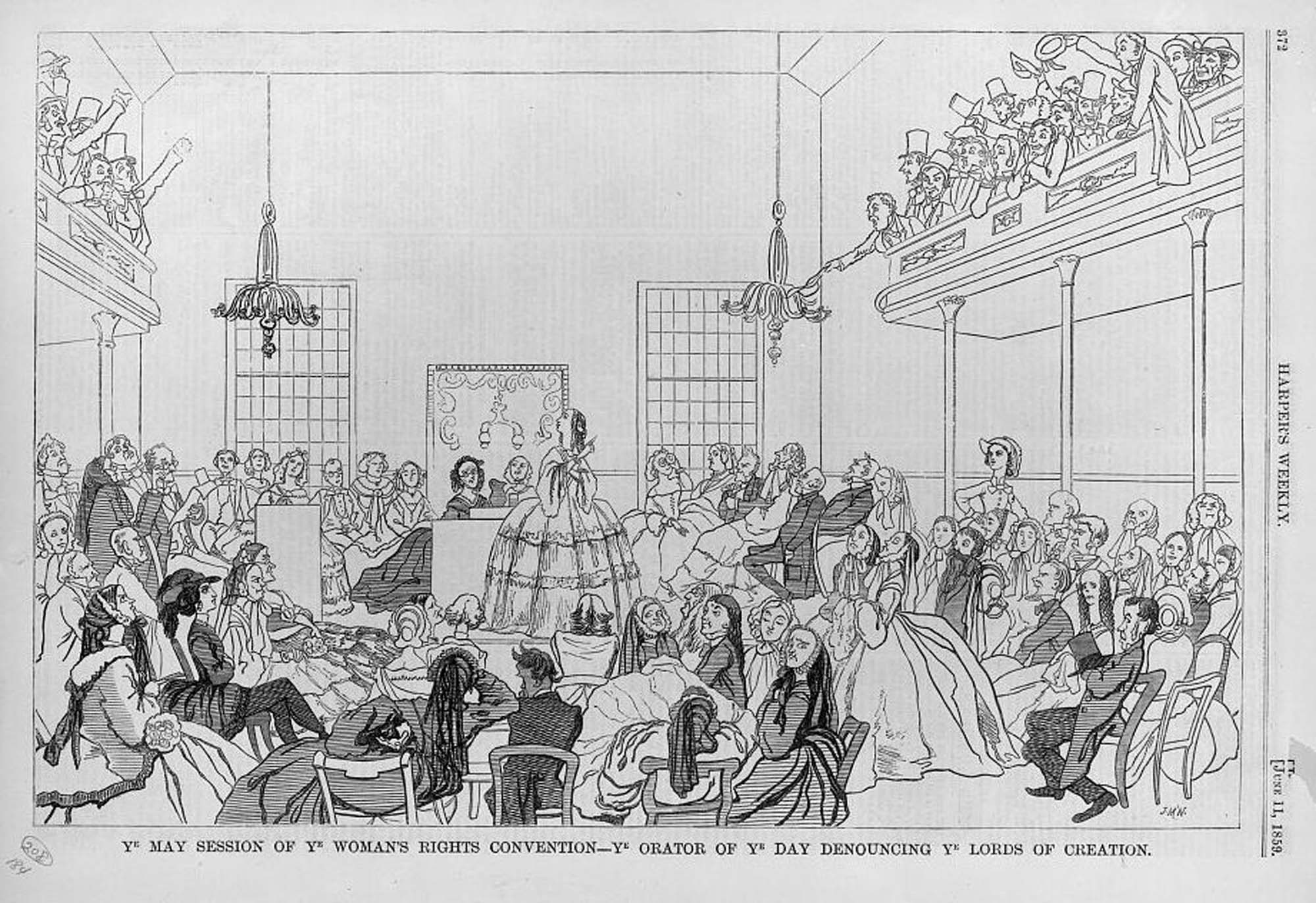 A drawing of women, in a large room, having a meeting discussing women’s rights. In the balconies, men are yelling and holding their arms up, trying to disrupt the meeting taking place.