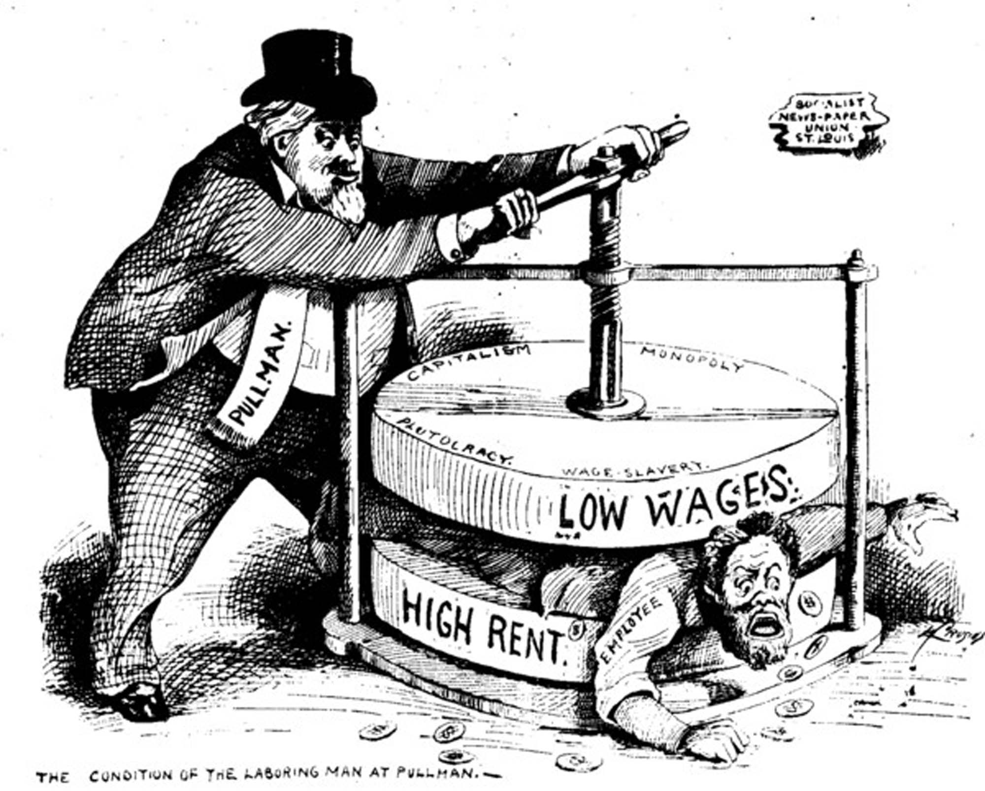 A cartoon shows an employee being crushed between two heavy metal disks. One disk reads “high rent” and the other reads “low wages”.