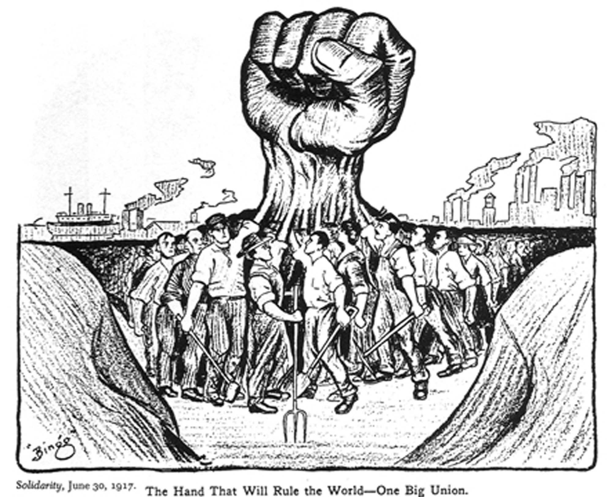 Cartoon depicts the working class, standing together, under the ground. Their arms are raised, coming together in one large fist representing solidarity.