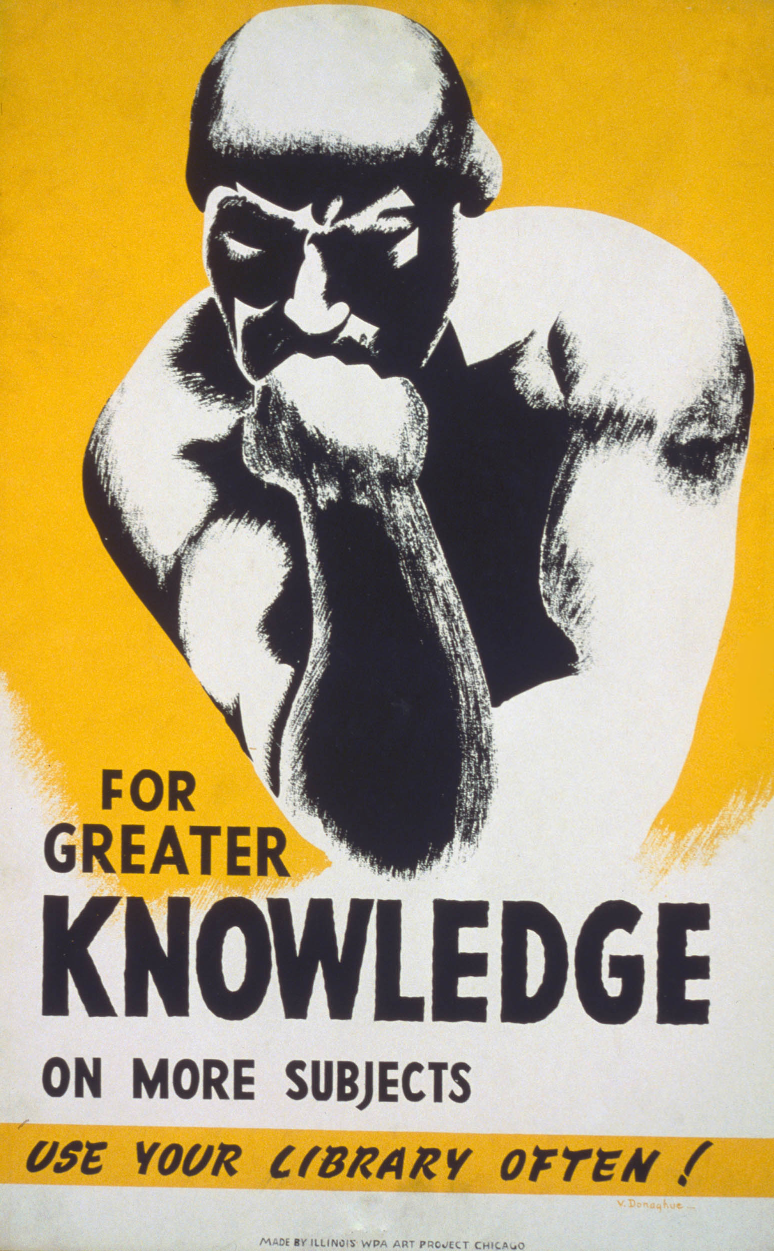 Poster with a stylized image of a muscular, bald man in a thinking pose against a yellow background. 