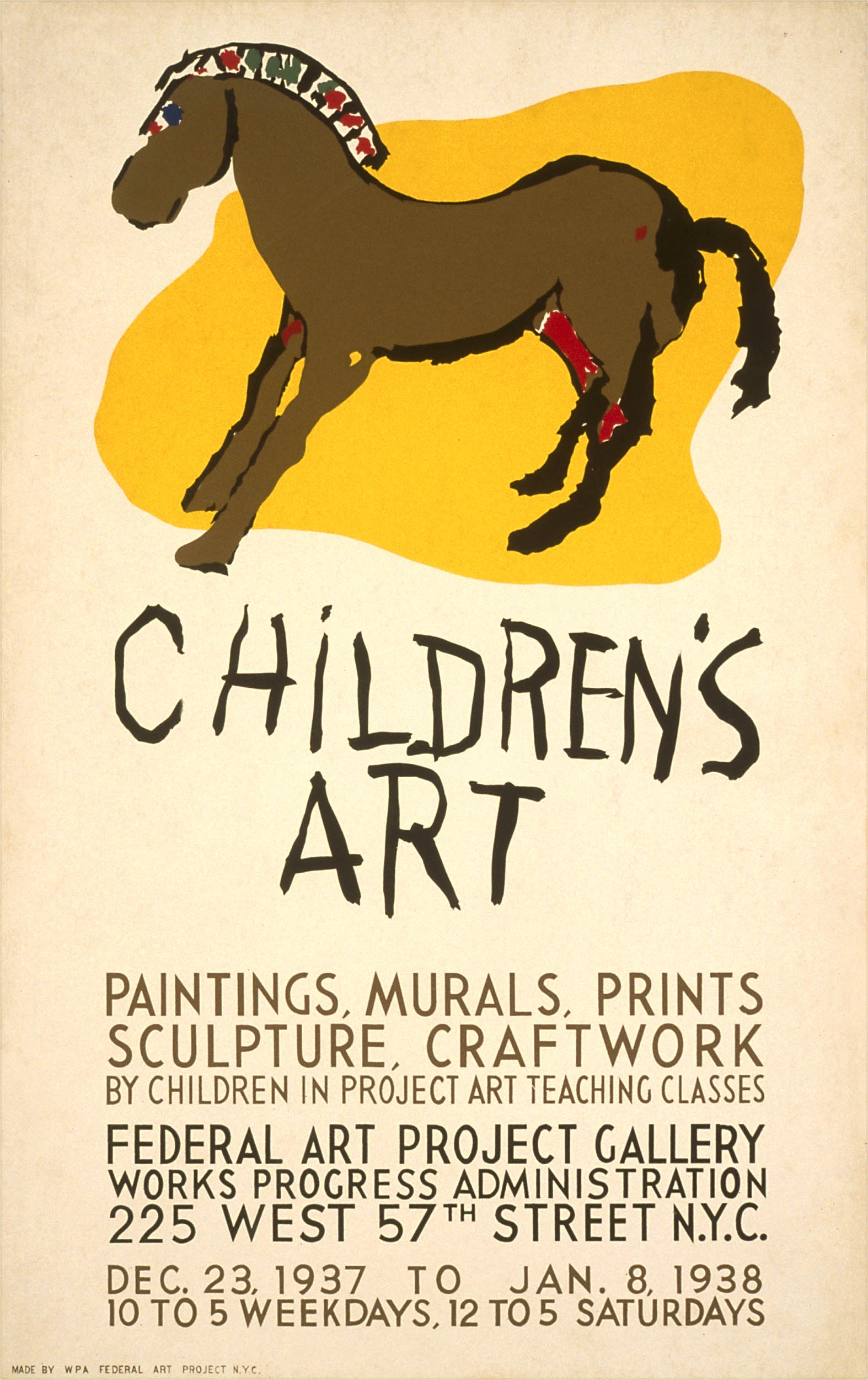 Poster featuring a childlike drawing of a brown horse with red and white decorations on its mane, standing on a yellow patch. 