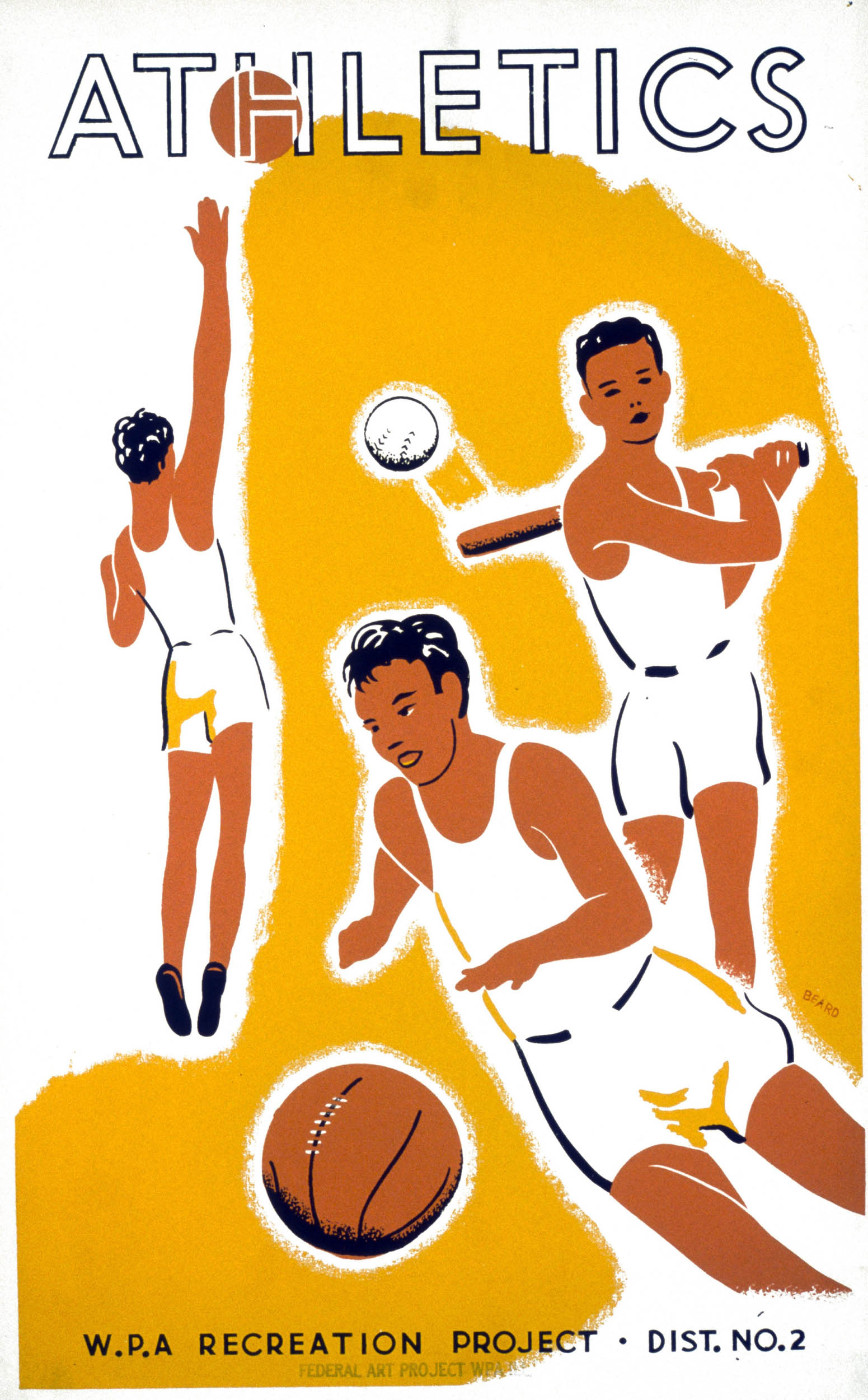 Three boys in white uniforms play sports, one shoots a basketball, one swings a bat, and one dives for a ball, set against a bold yellow and white backdrop with black and white text at the top and bottom. 