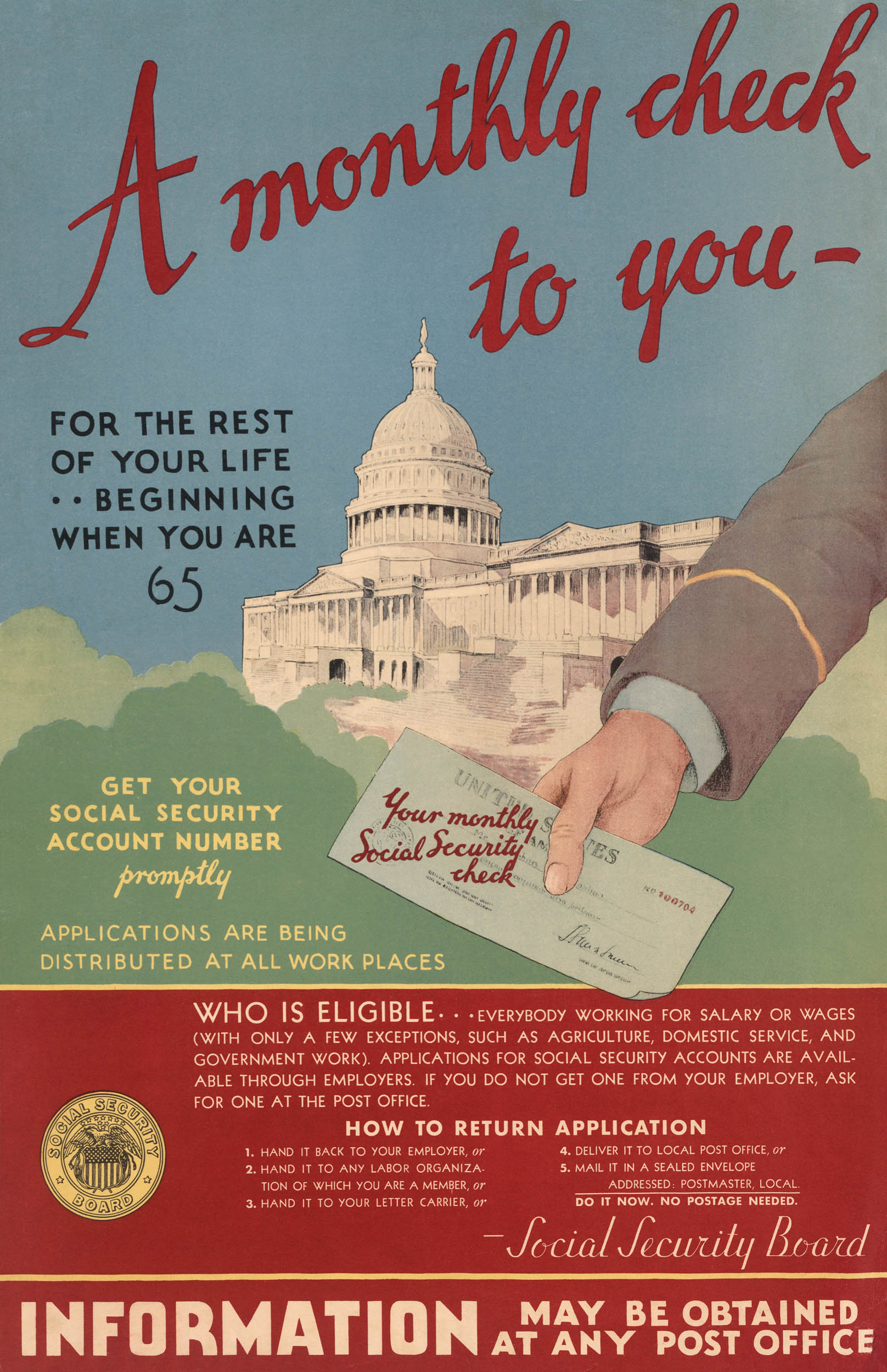 A hand extends in front of the U.S. Capitol building, holding a check. The background features soft clouds and greenery, with bold red and blue colors framing the image with large red text. 