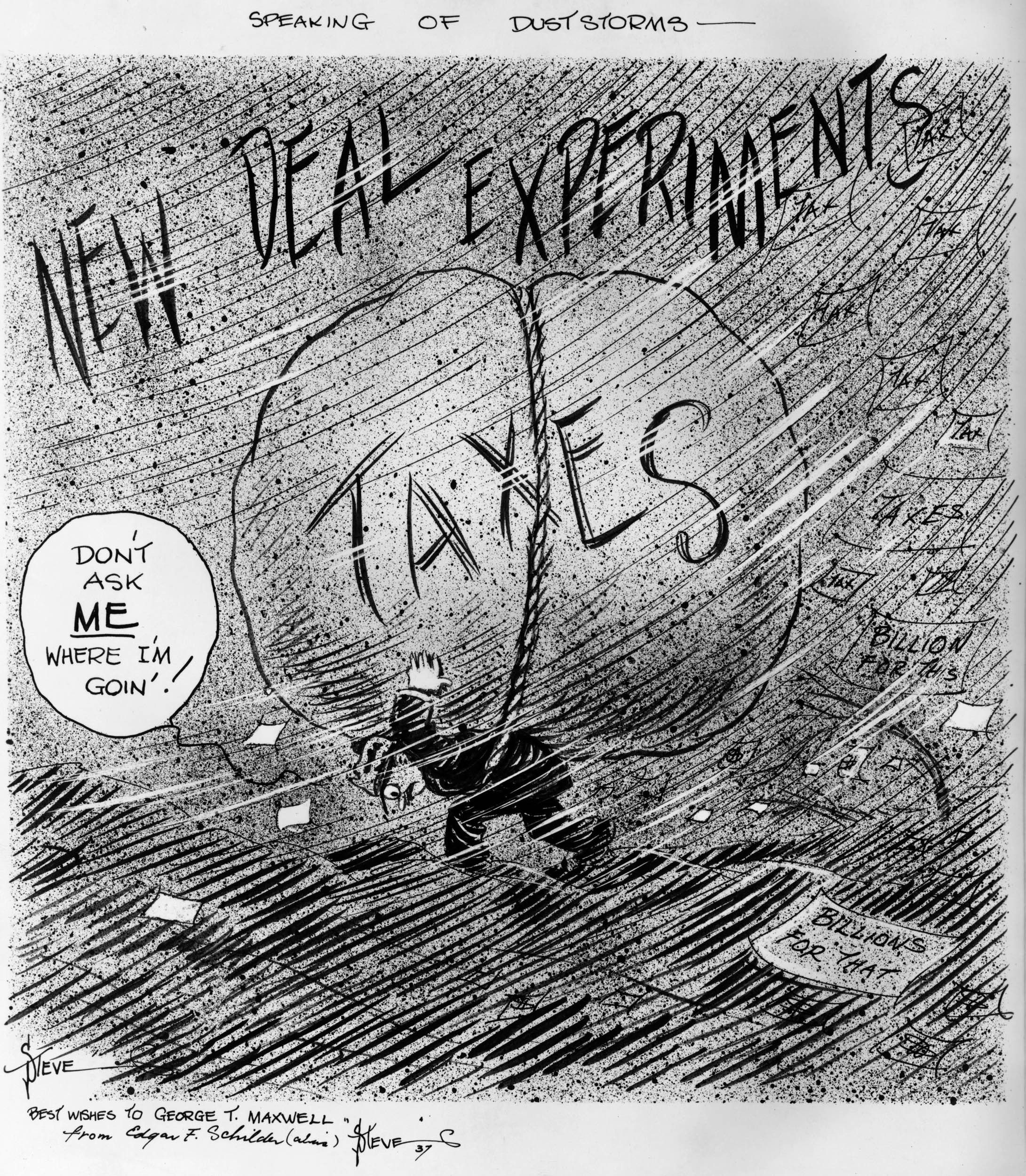 A black and white drawing of a man carrying a large bundle labeled "taxes" up a wind and paper strewn slope with a black and white text bubble on the left and black lettering on the top. 