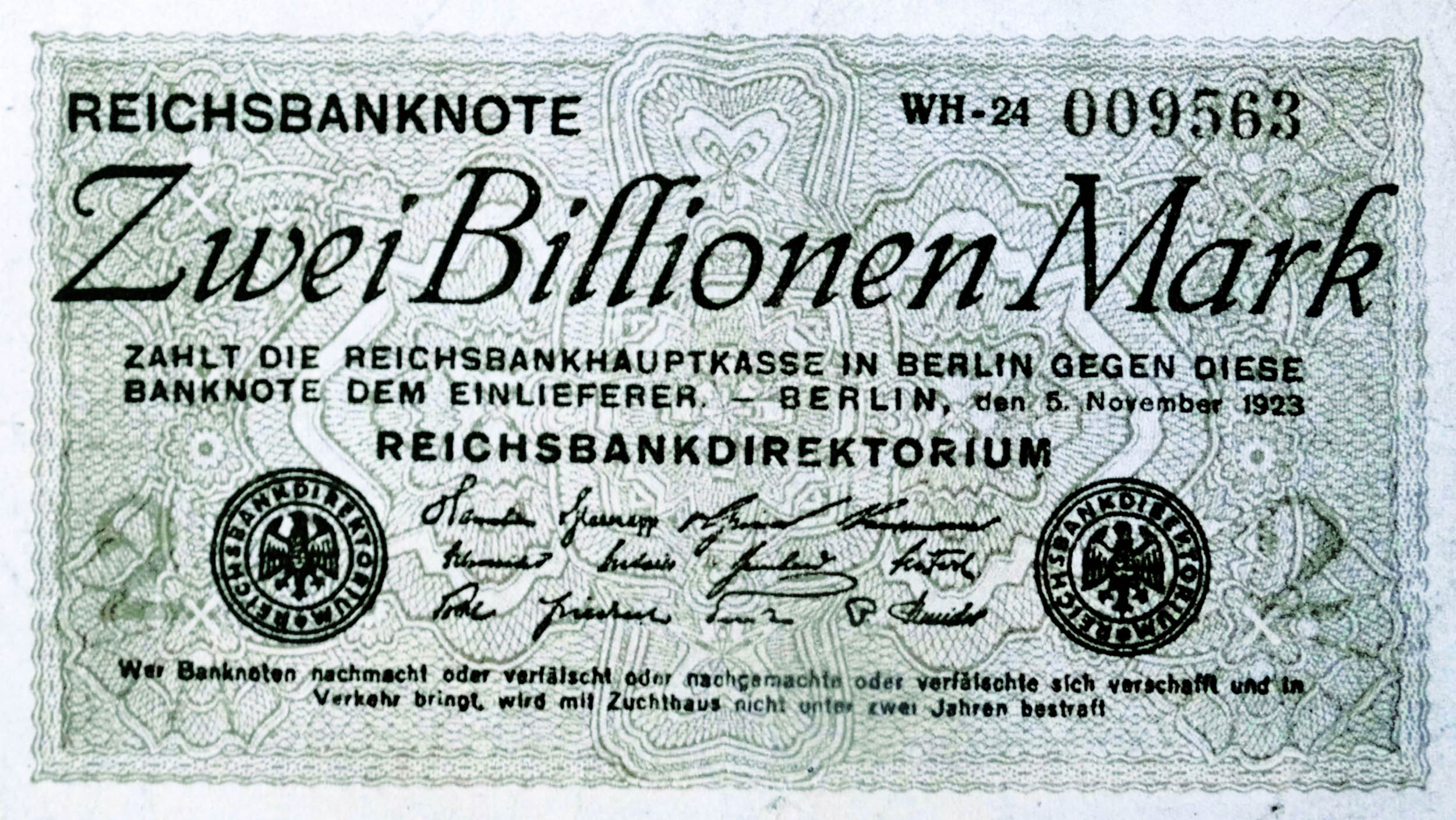A pale banknote with ornate background detailing, German text in various fonts, and several official seals and signatures, with the denomination prominently displayed across the top.